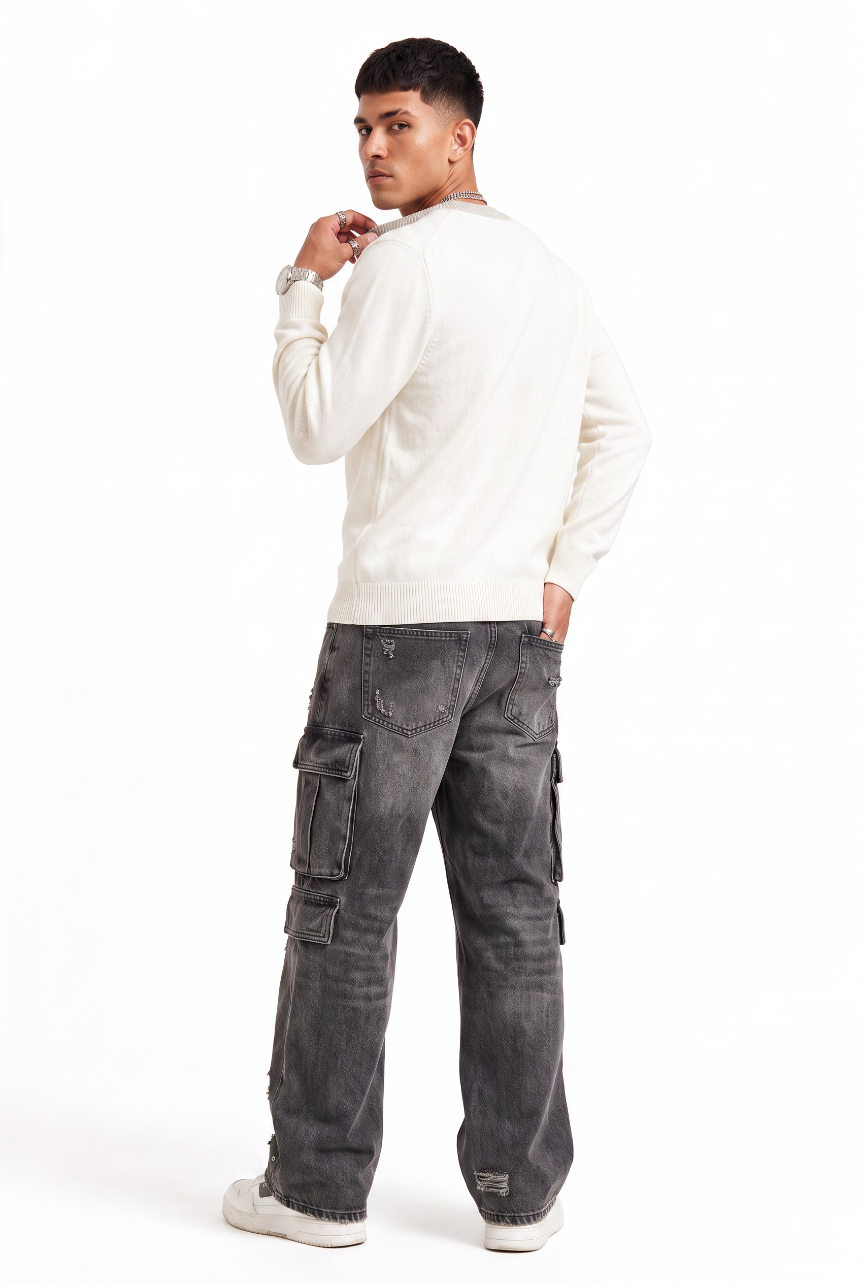 Cream Ribbed Crew Neck Sweater