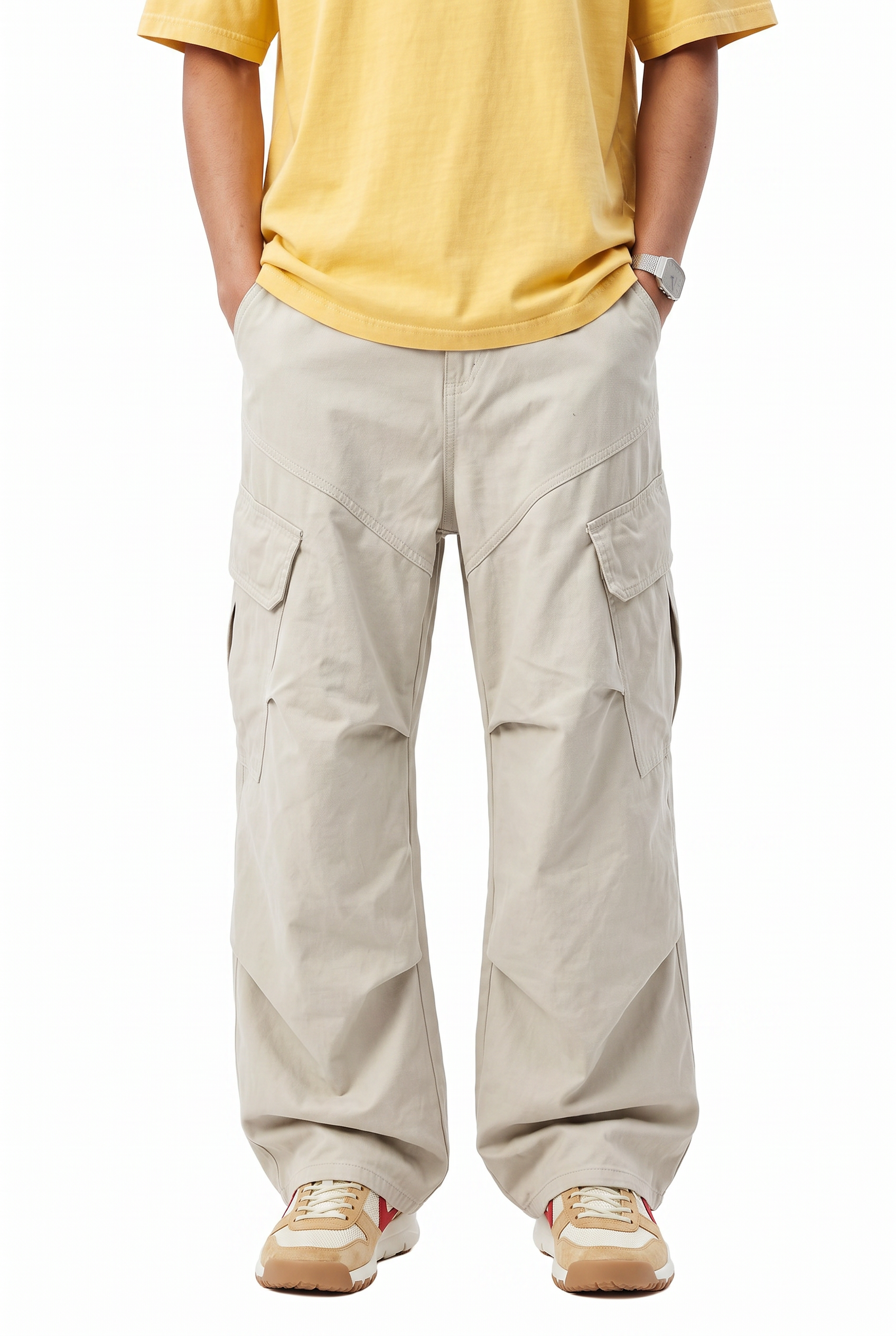 Beige Drawstring Straight Casual Trousers