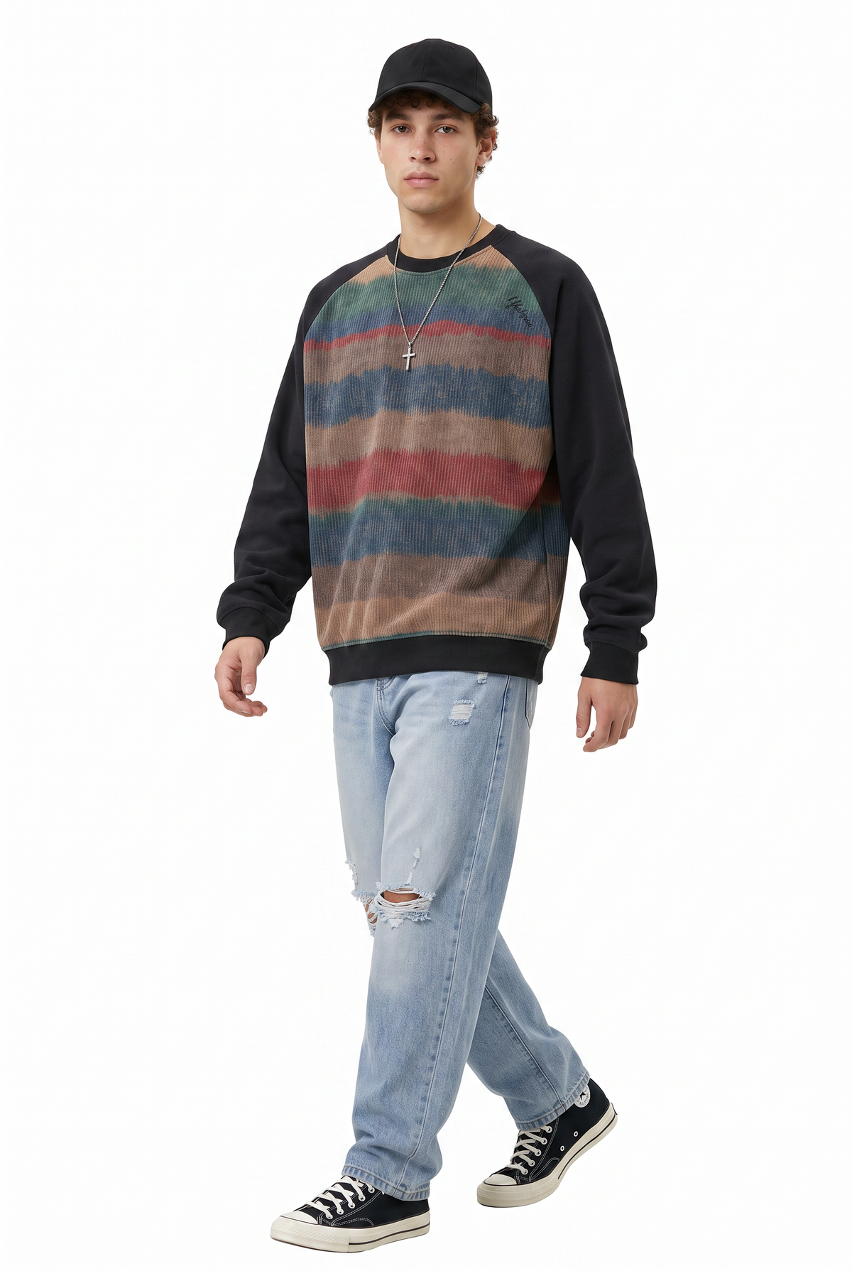 Striped Corduroy Black Raglan Sweatshirt