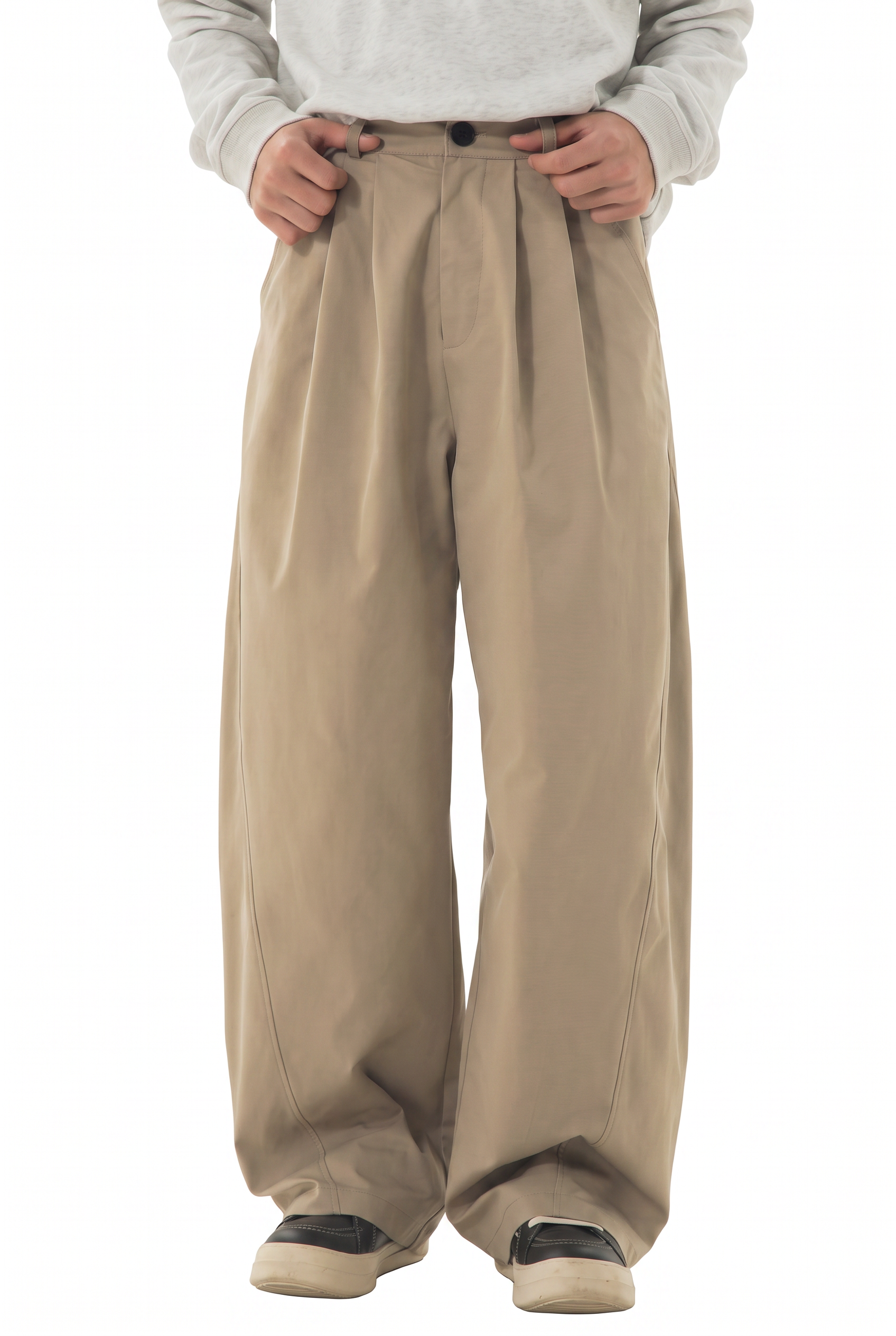 Beige Drawstring Straight Casual Trousers