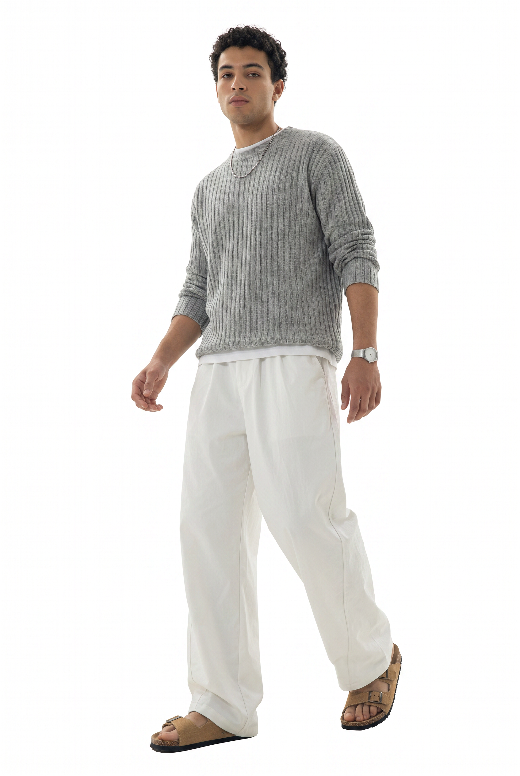 White Drawstring Straight Casual Trousers