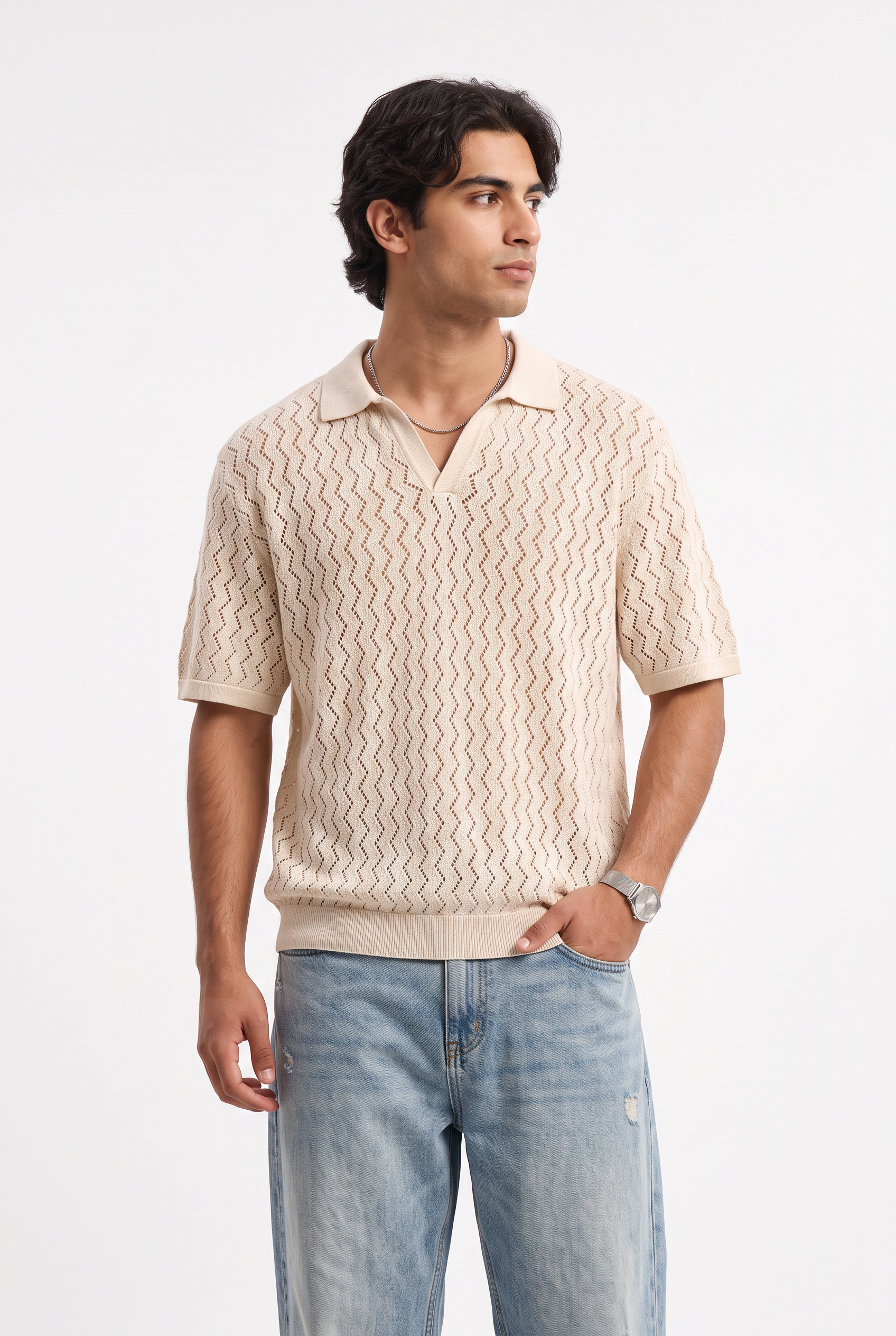 Beige Chest Pocket Crew Neck Tee