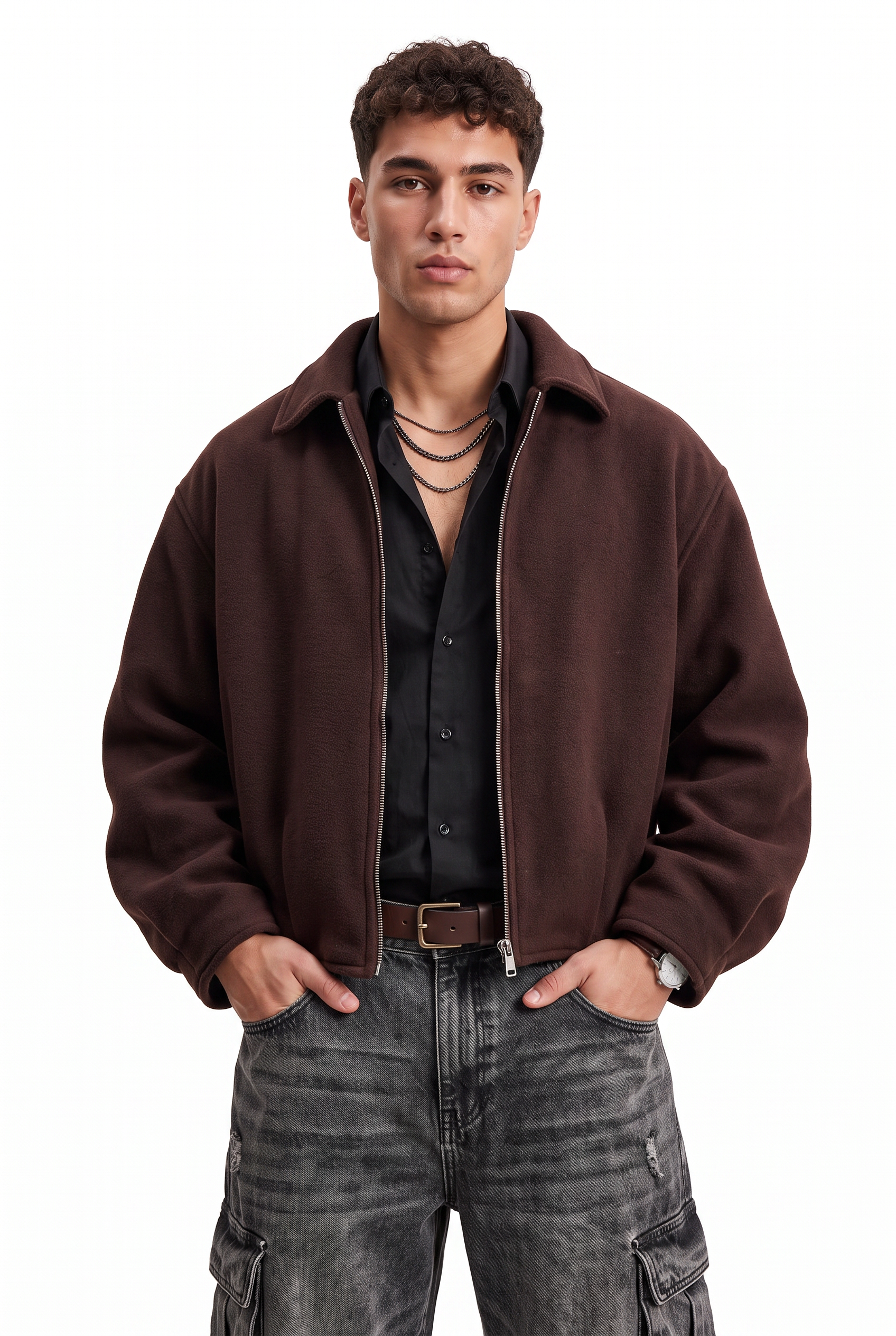 Brown Zip Mandarin Collar Jacket