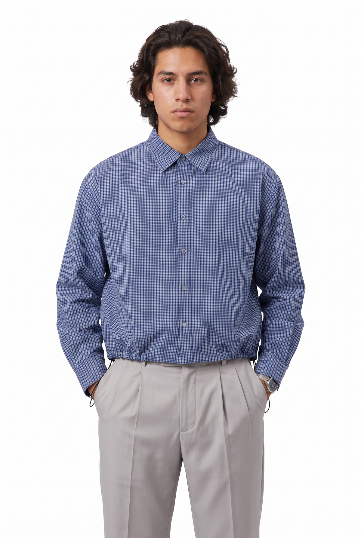 Relaxed Check Blue Cropped Shirt