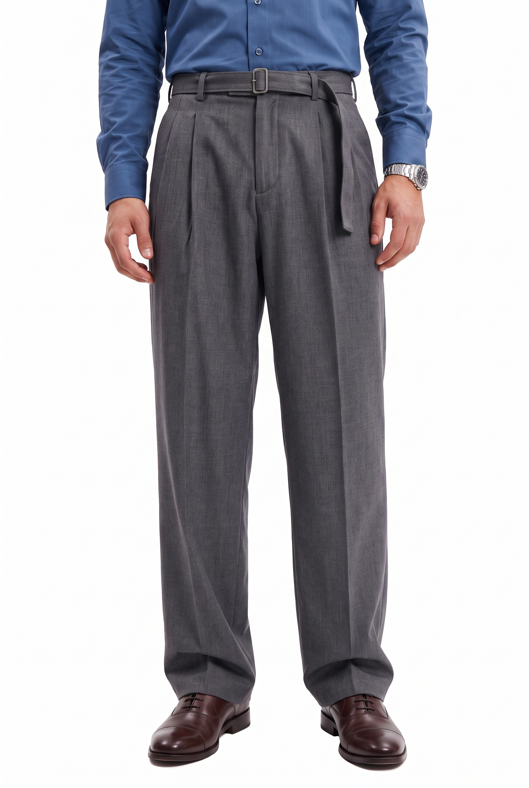Grey Flat-Front Slim Formal Trousers