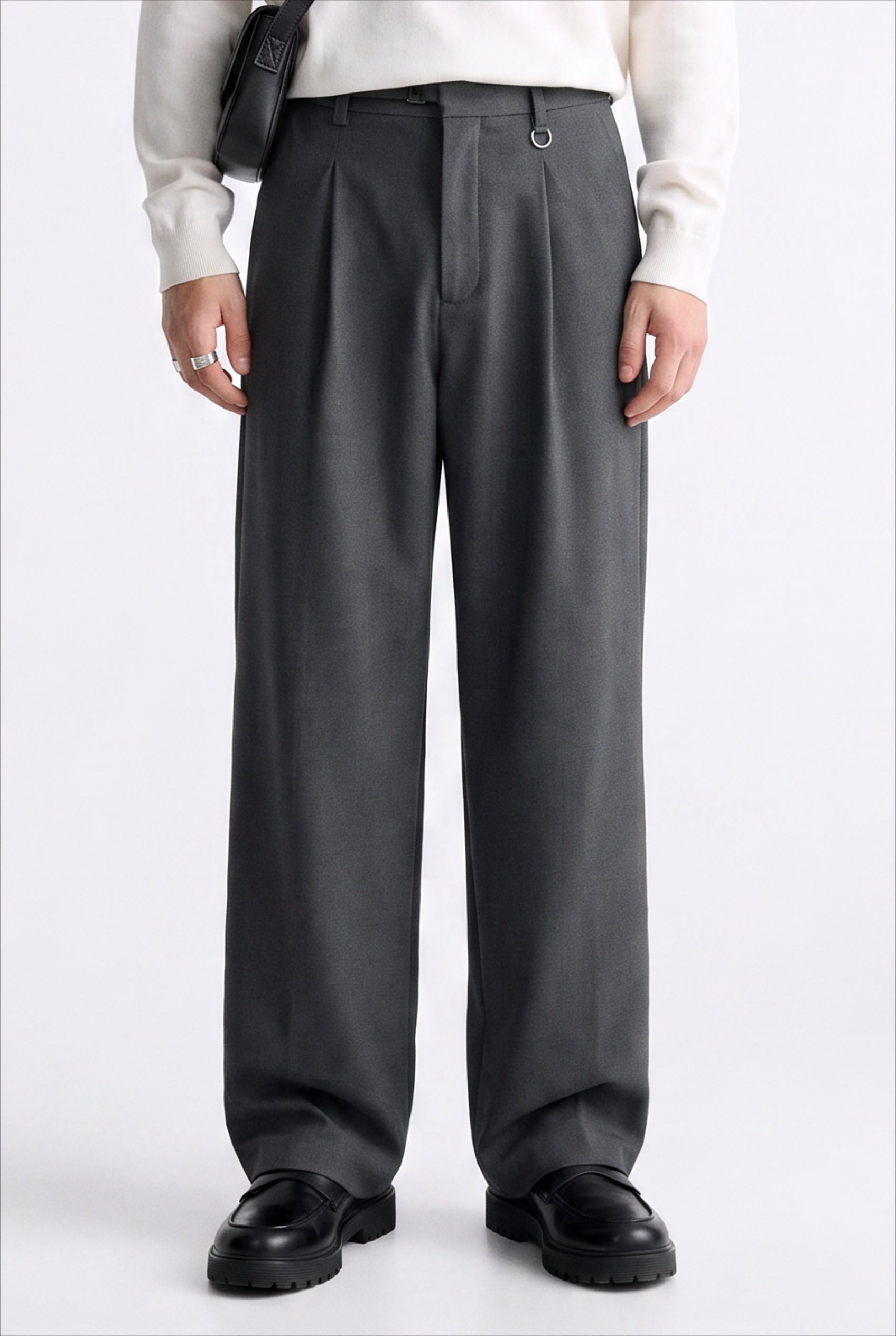 Grey Drawstring Straight Casual Trousers