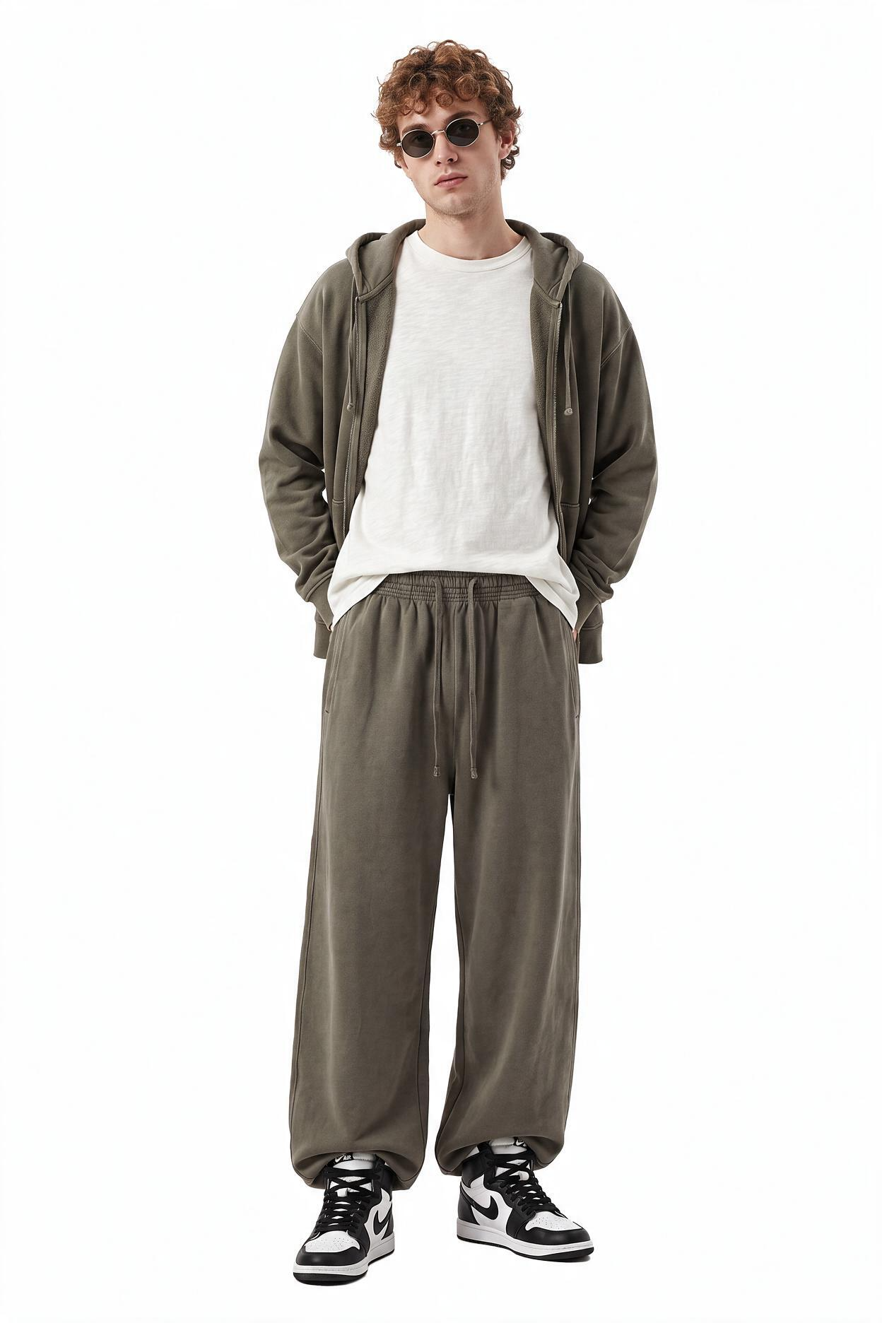 Olive Drawstring Straight Casual Trousers