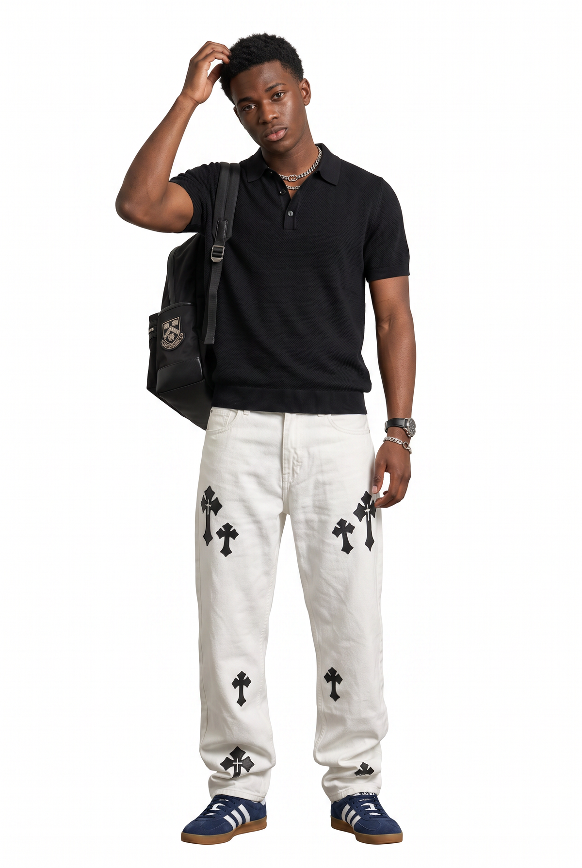 Textured Knit Black Polo T-Shirt