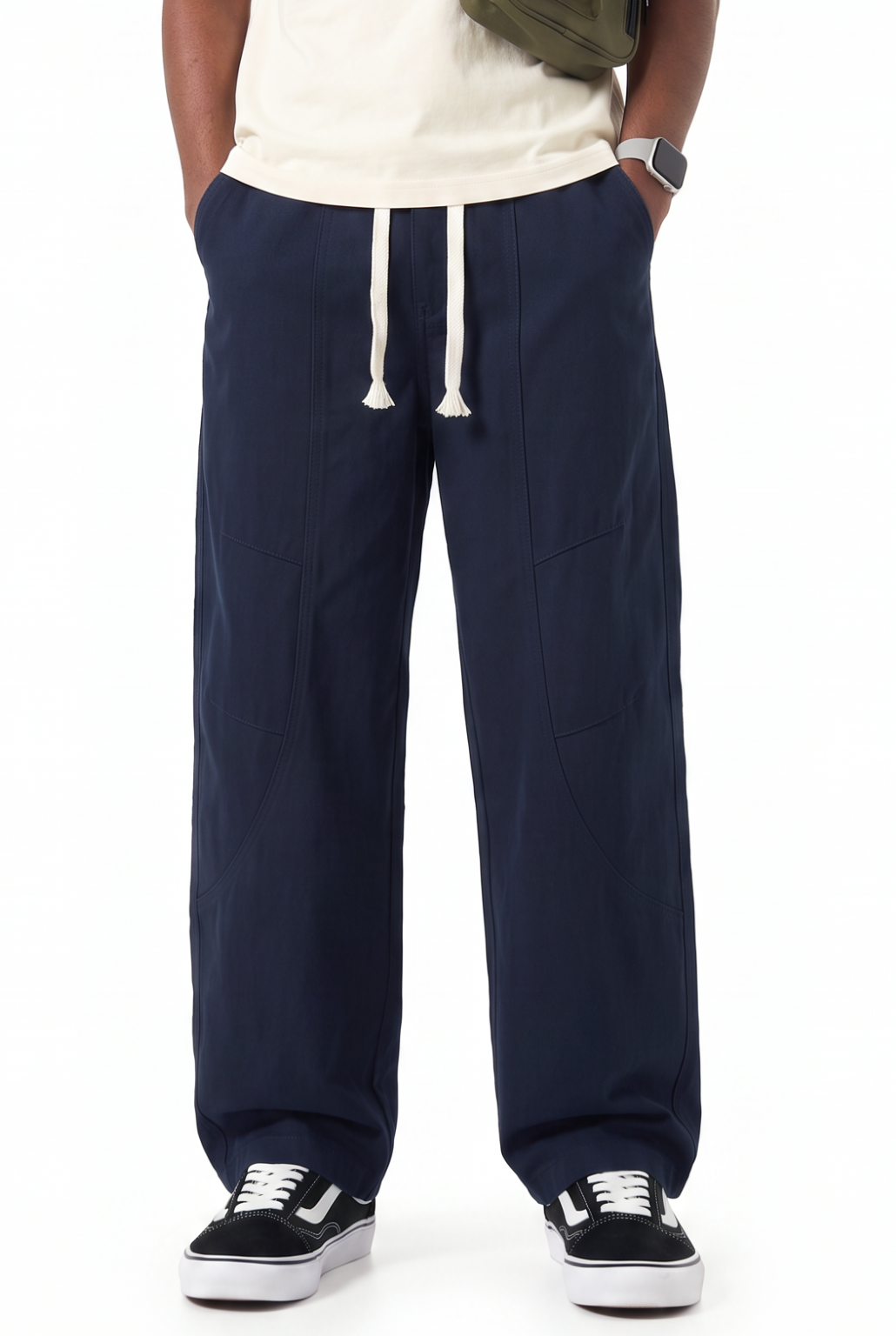 Beige Drawstring Straight Casual Trousers