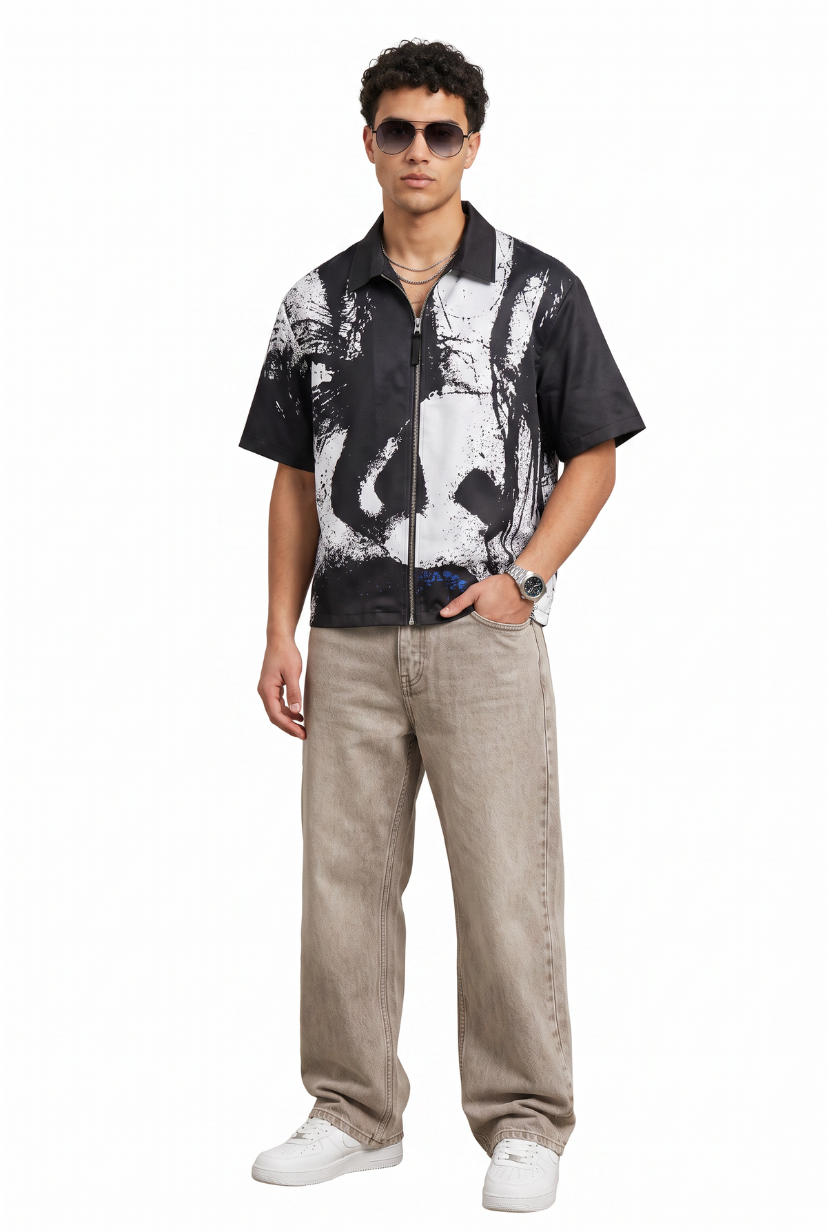 Abstract Print Black Zip Shirt
