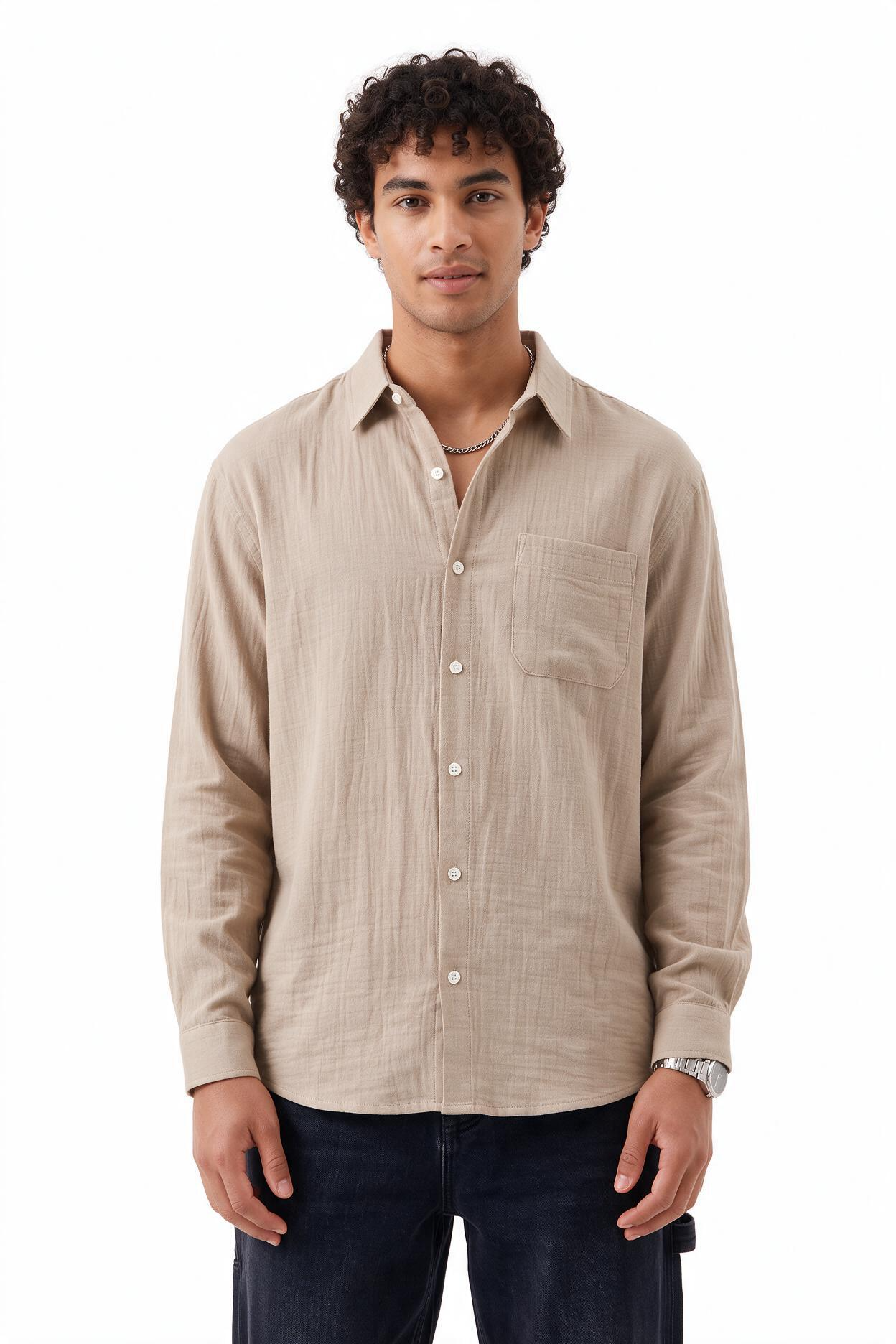 Beige Chest Pocket Casual Shirt