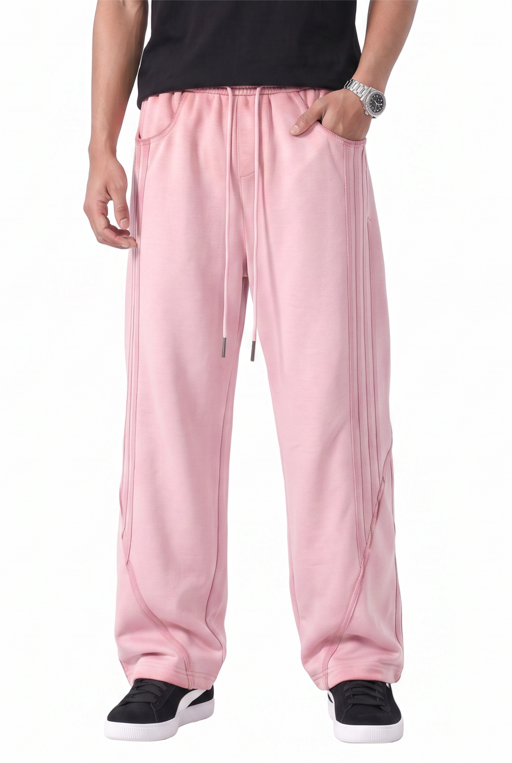 Pink Drawstring Straight Casual Trousers