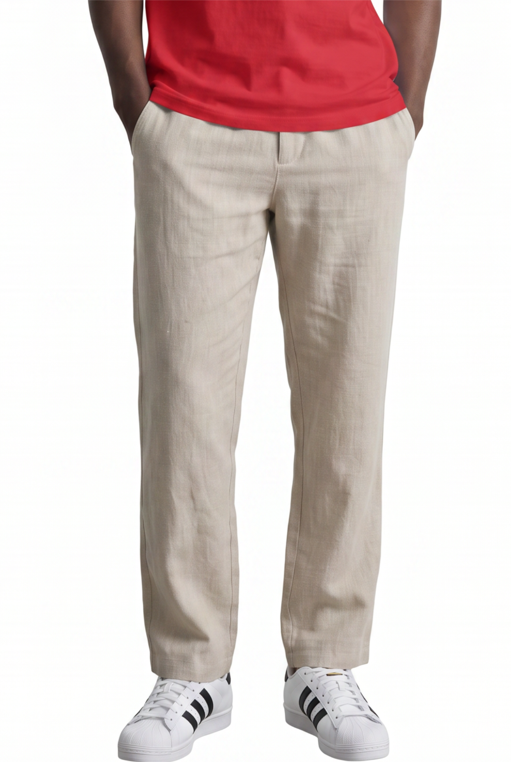 Beige Drawstring Straight Casual Trousers