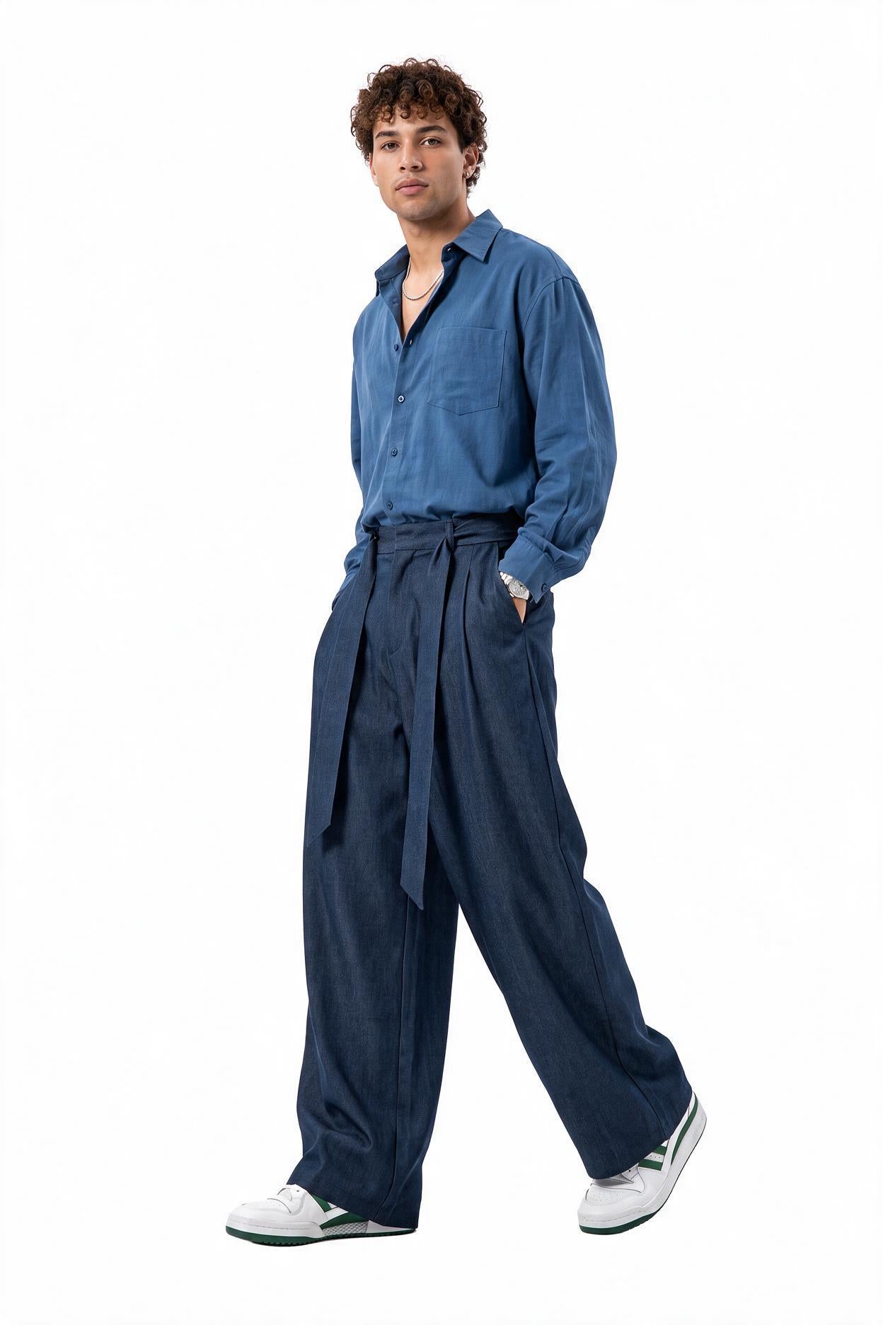 Steel Blue Drawstring Straight Casual Trousers