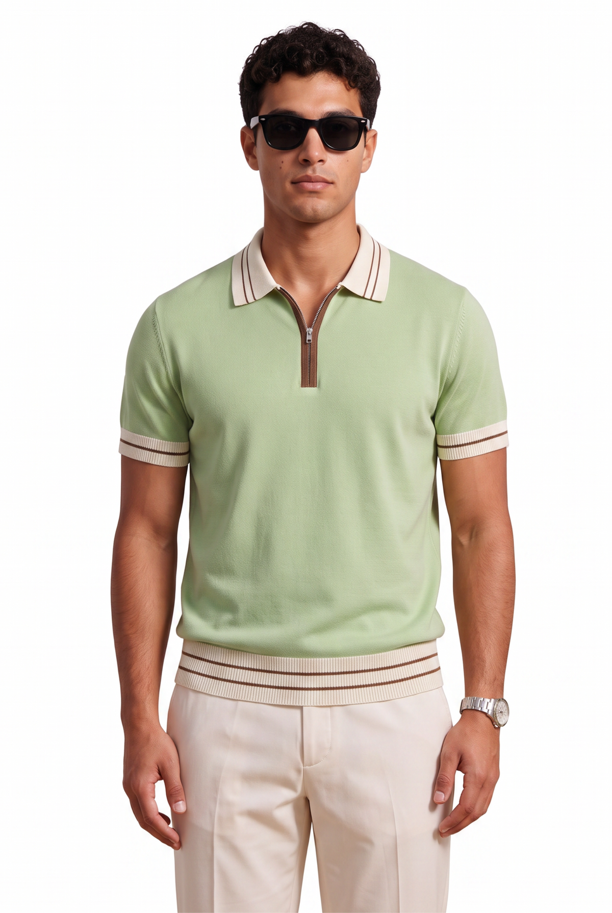 Zip Collar Green Knit Polo