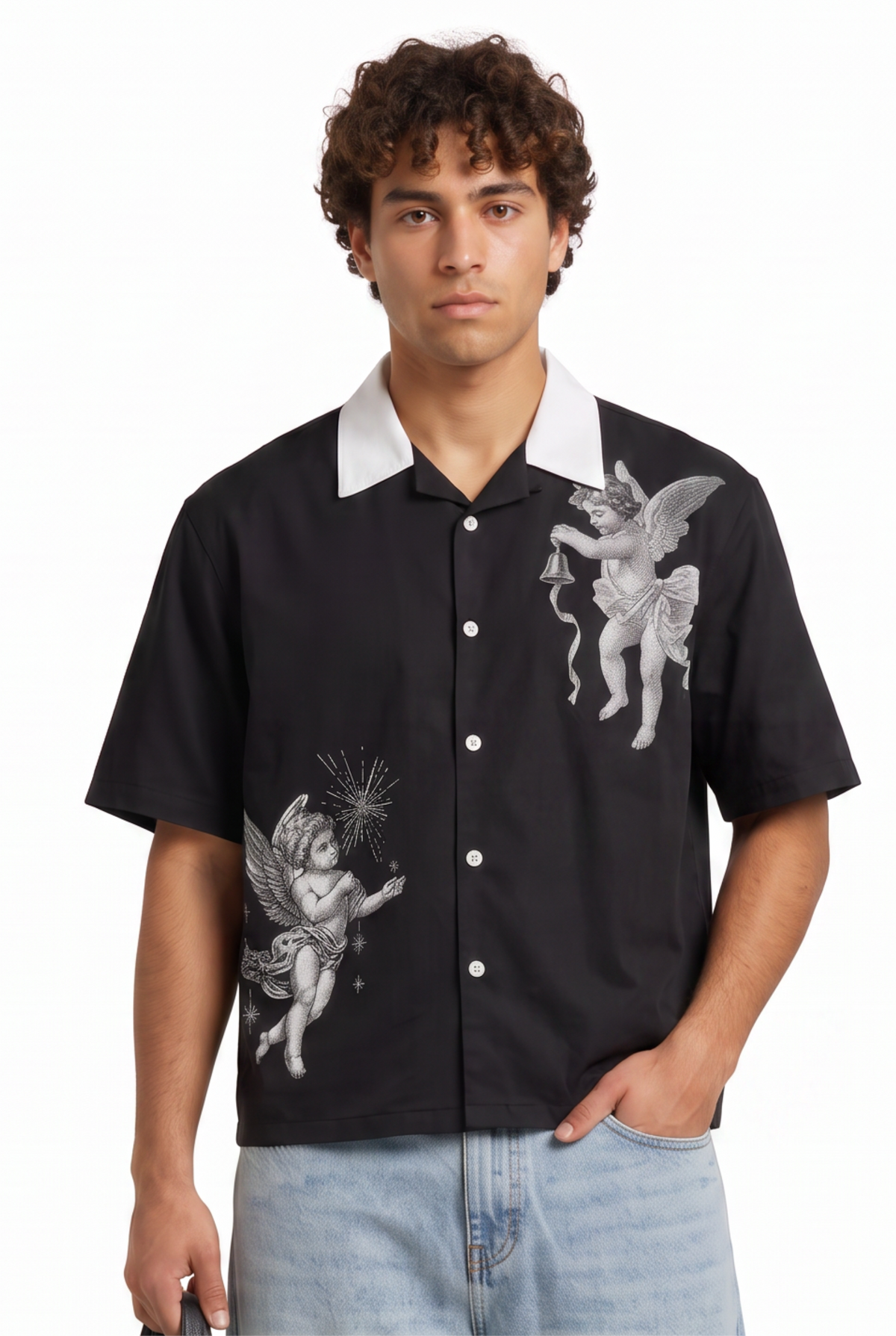 Cherub Print Black Camp Shirt