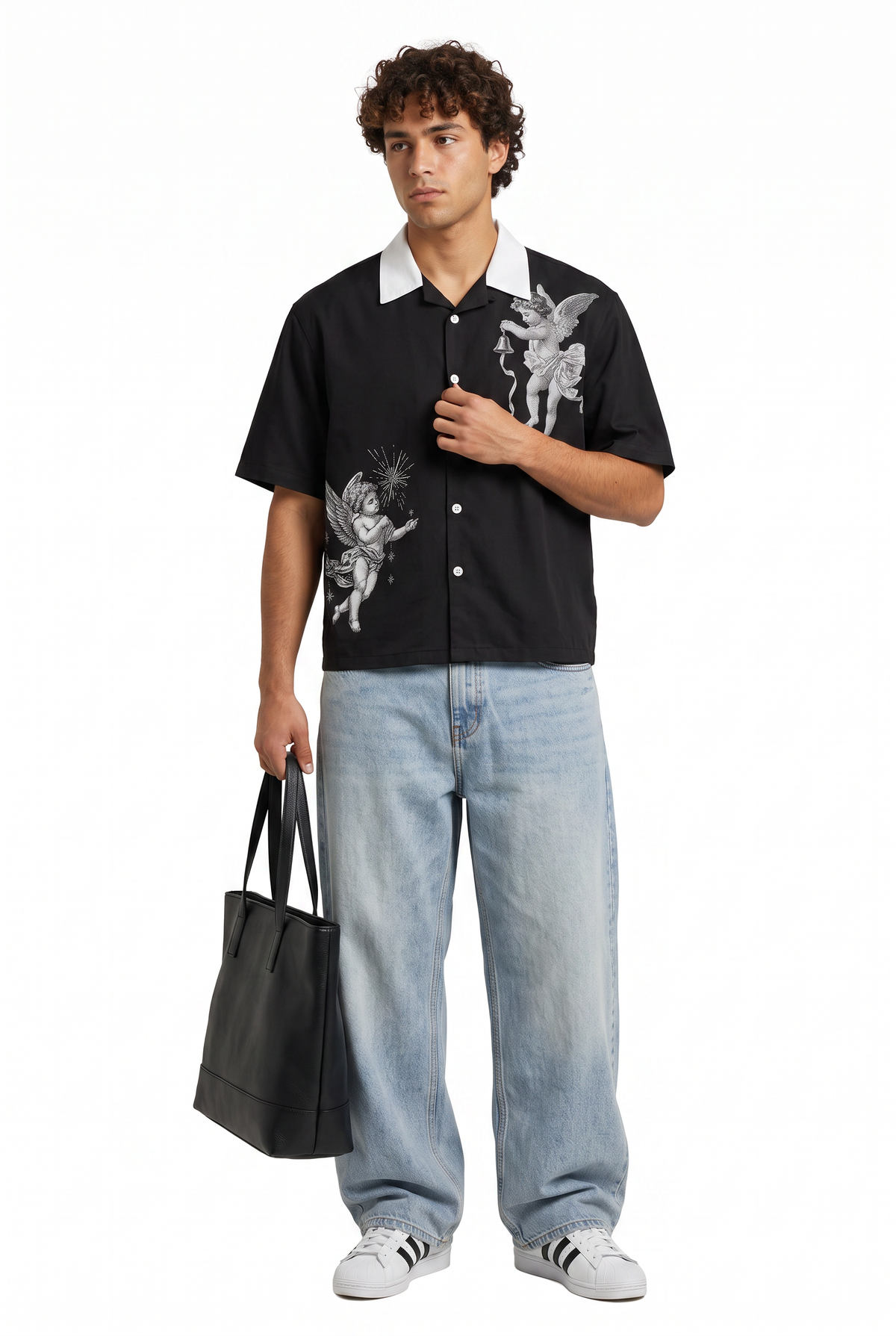 Cherub Print Black Camp Shirt