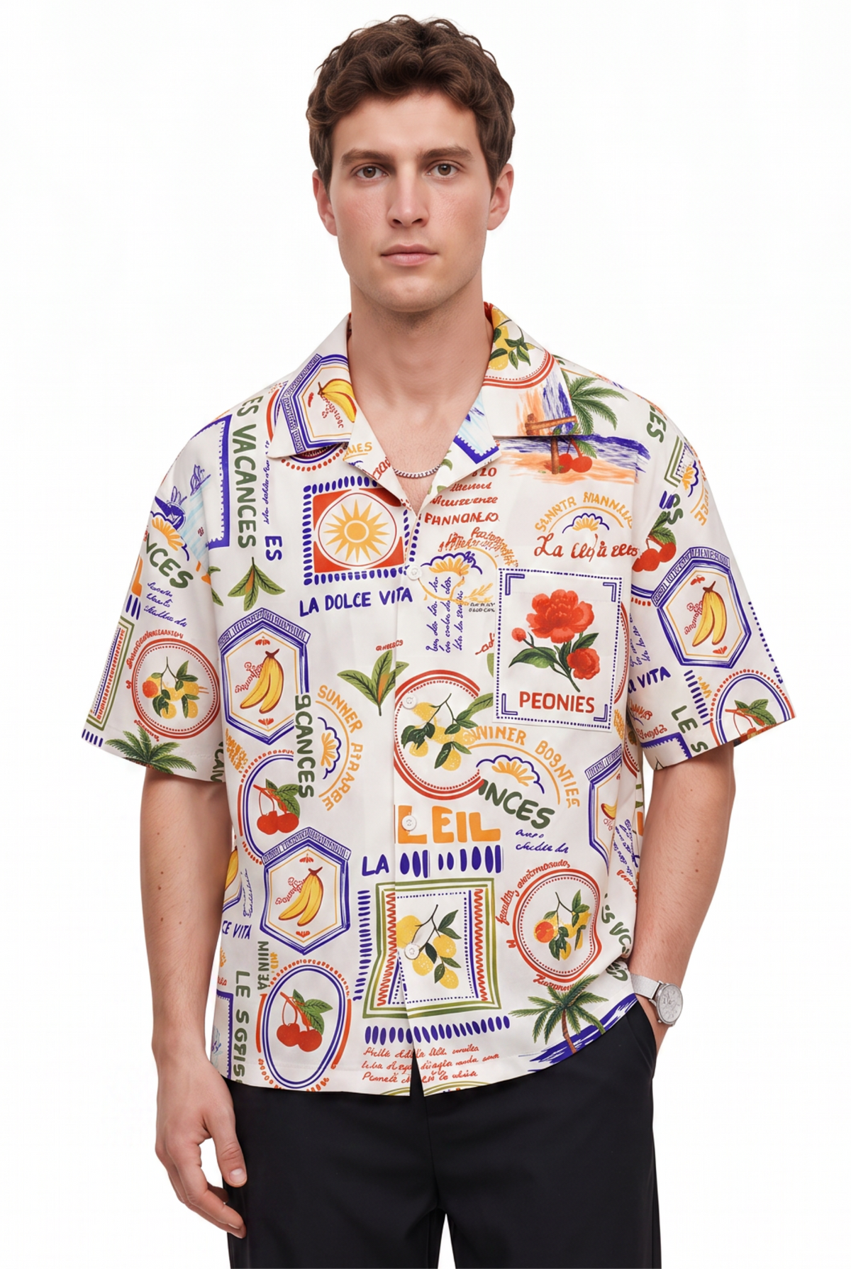 Printed White Camp Collar Shirt