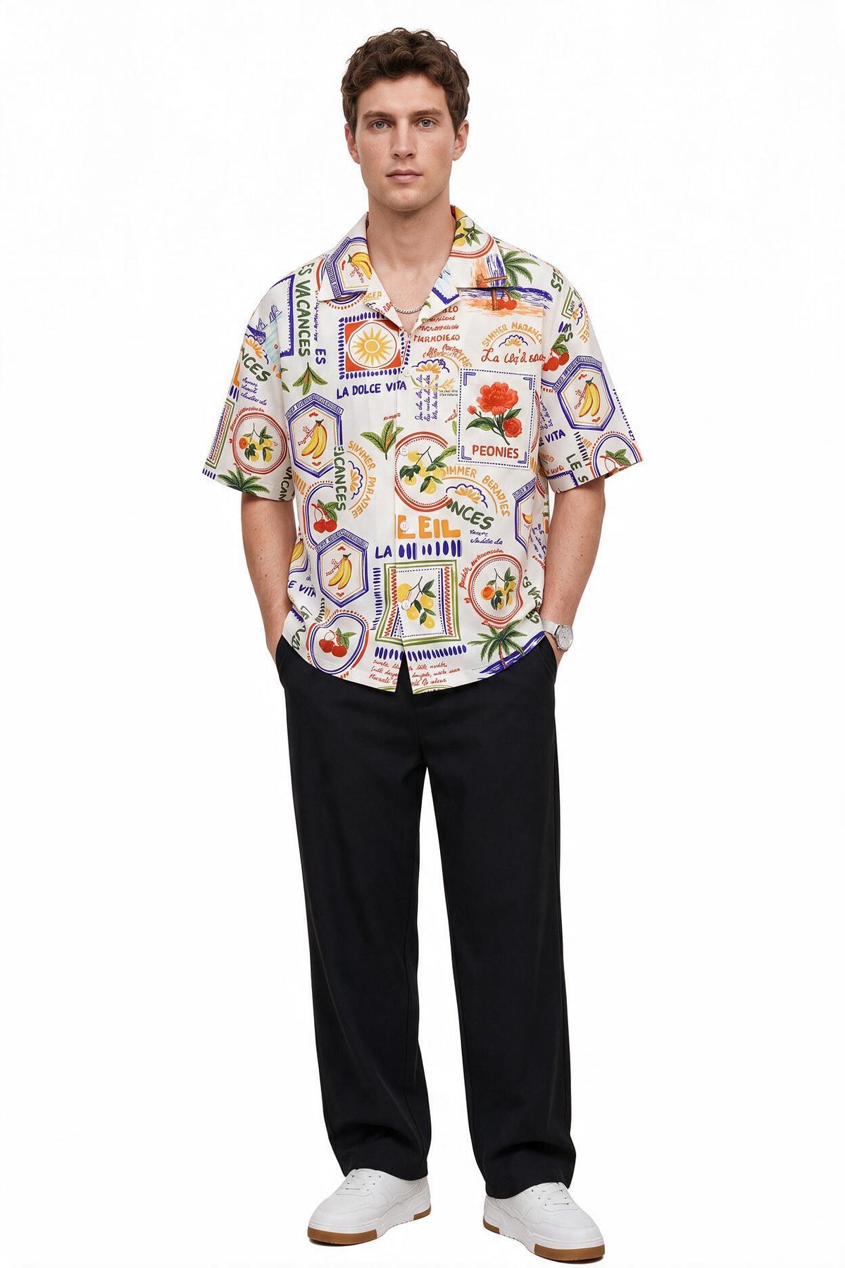 Printed White Camp Collar Shirt