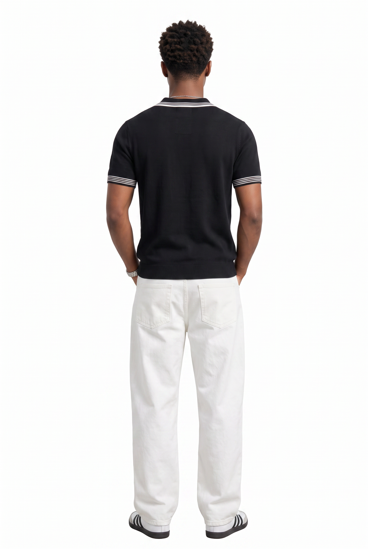 Striped Trim Black Knit Polo