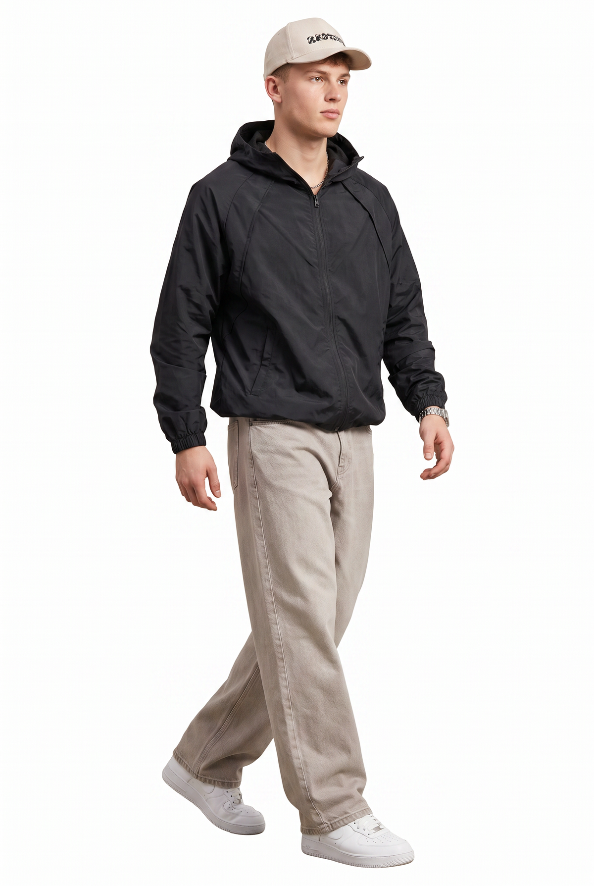 Hooded Black Nylon Windbreaker Jacket
