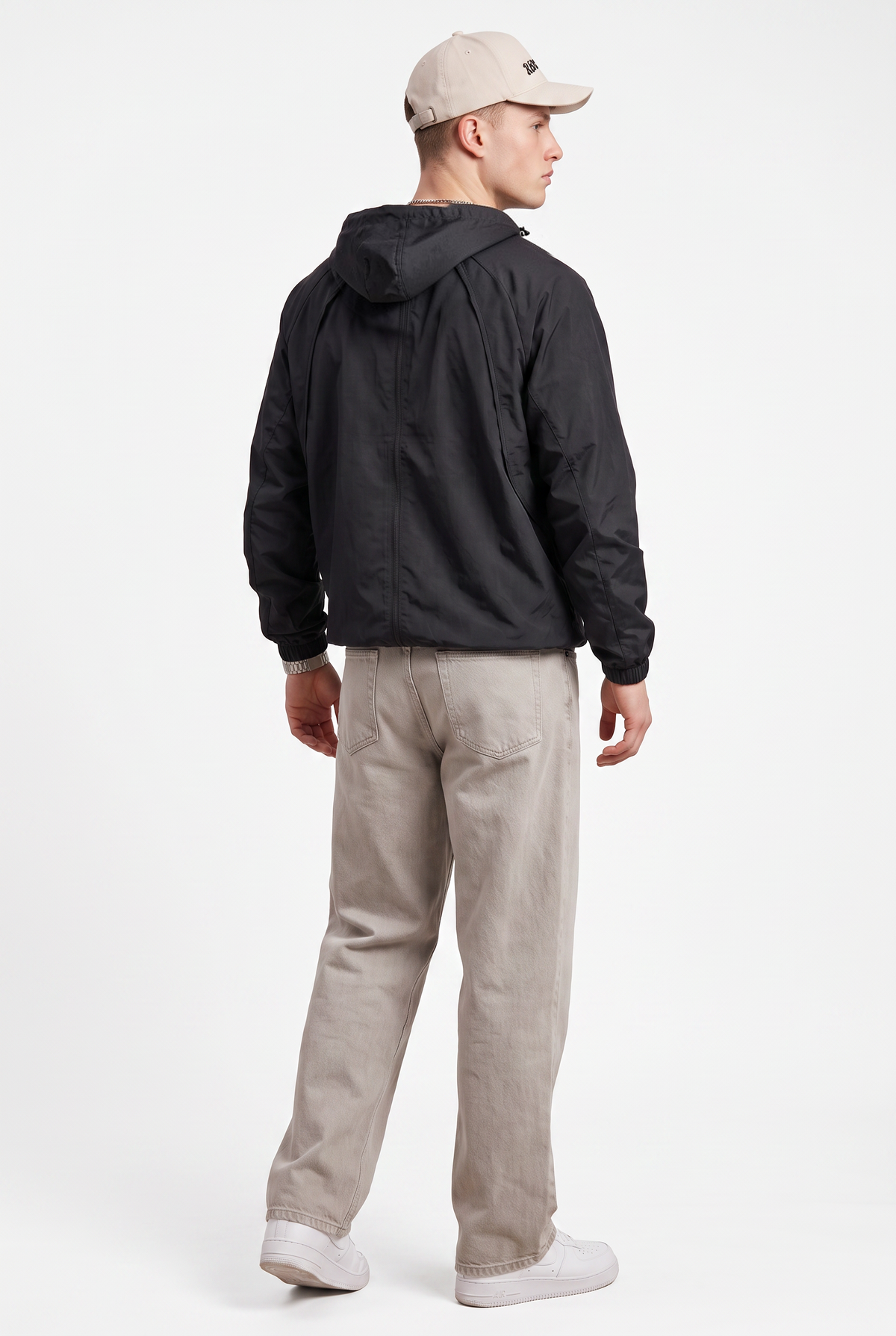 Hooded Black Nylon Windbreaker Jacket
