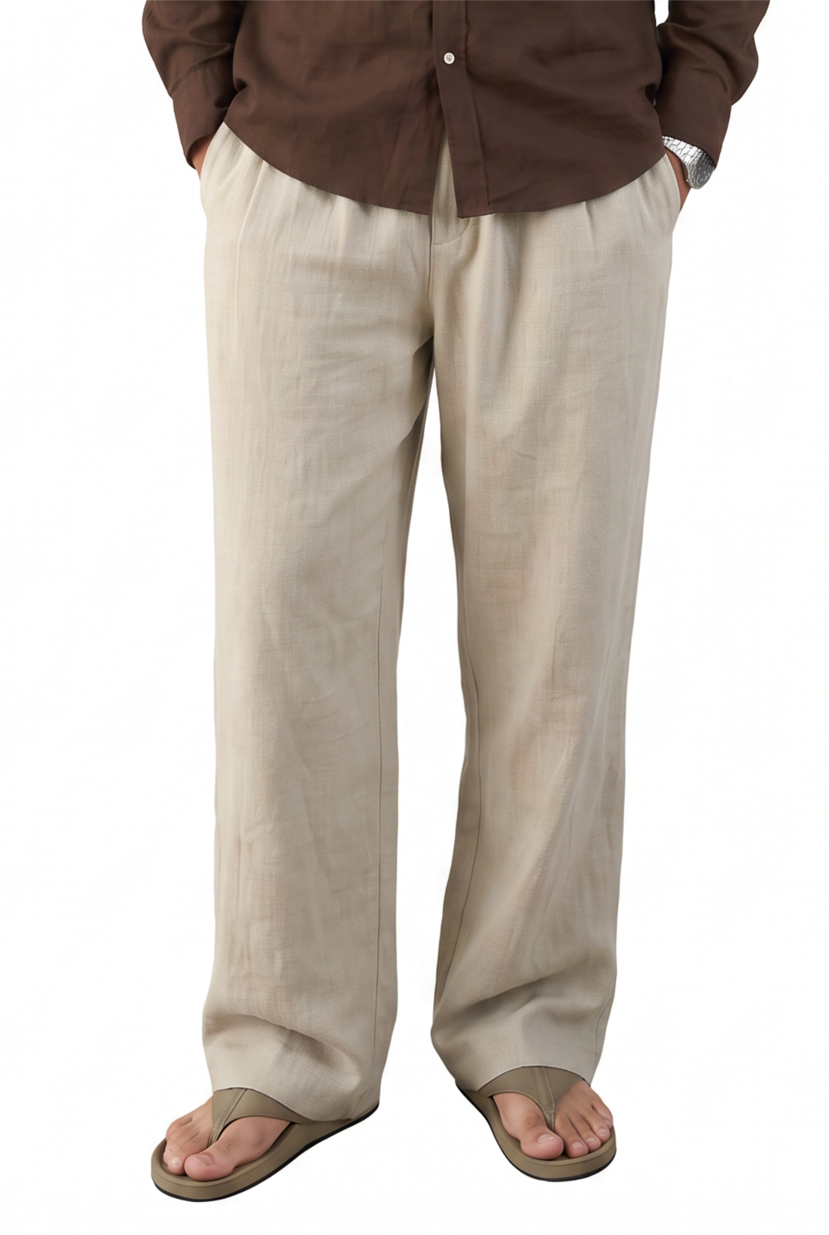 Beige Drawstring Straight Casual Trousers