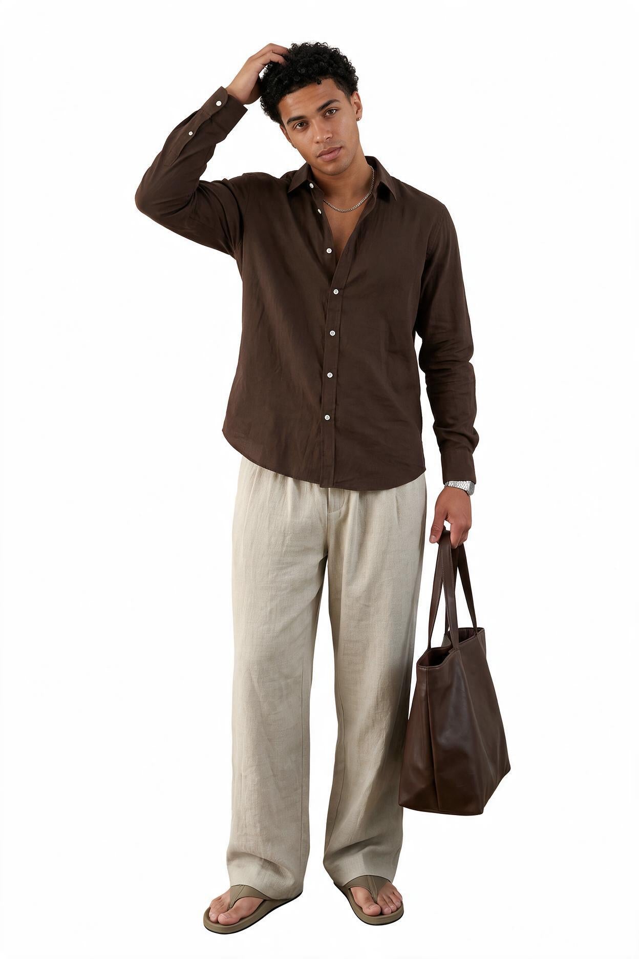 Beige Drawstring Straight Casual Trousers