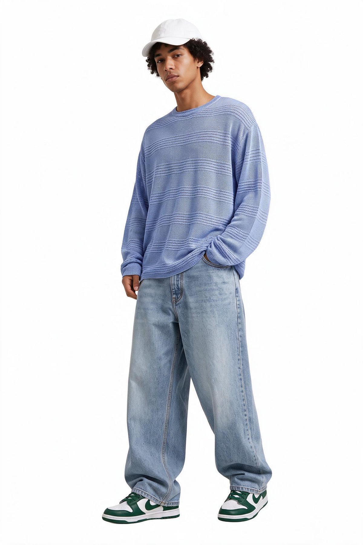 Open Knit Blue Crewneck Sweater