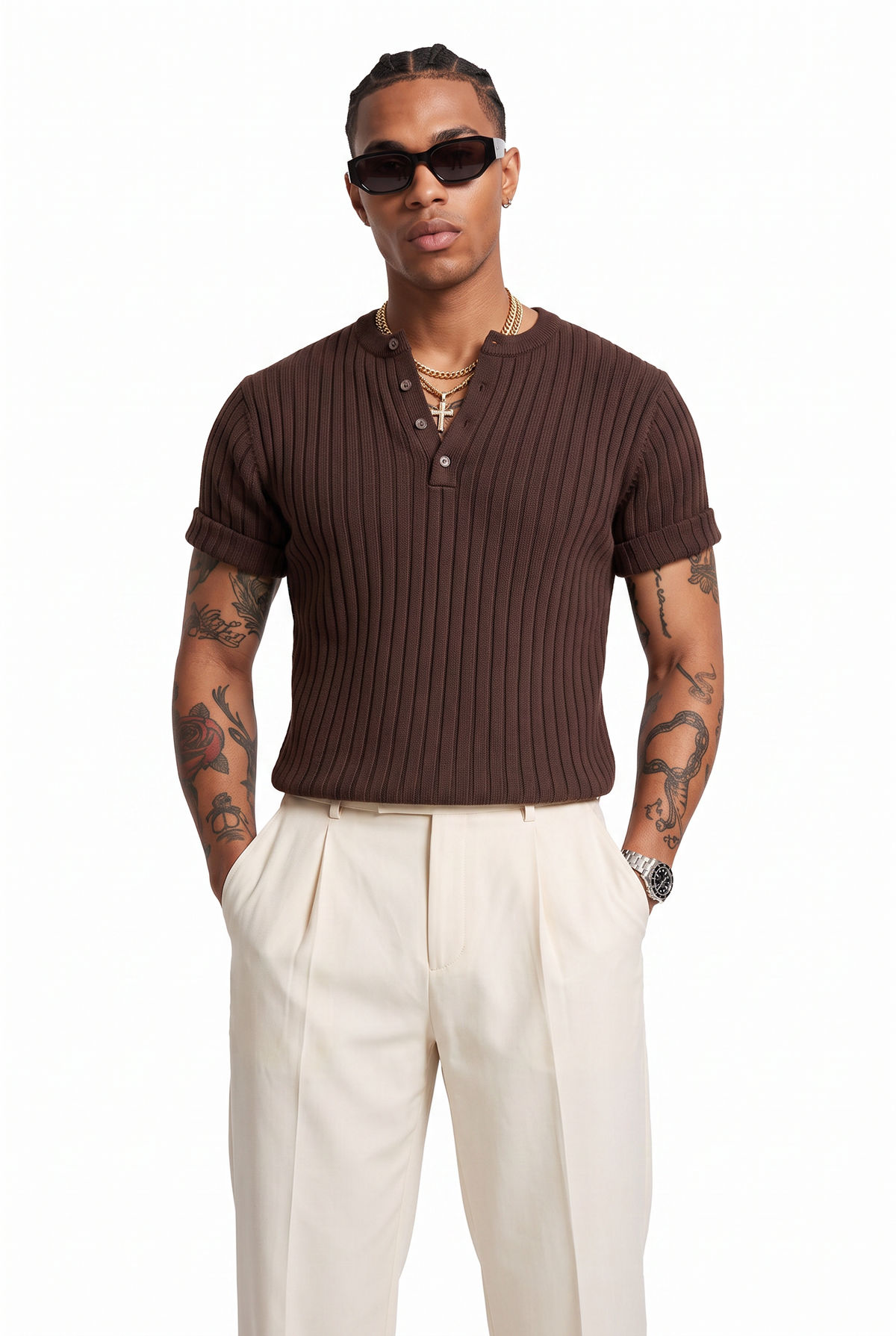 Ribbed Brown Henley Knit T-Shirt