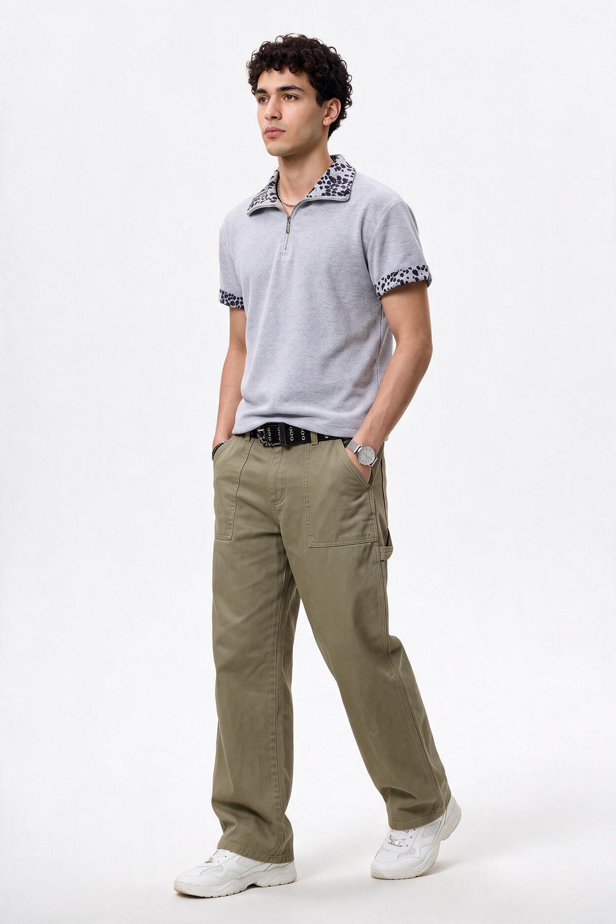 Zip Grey Leopard Trim Polo