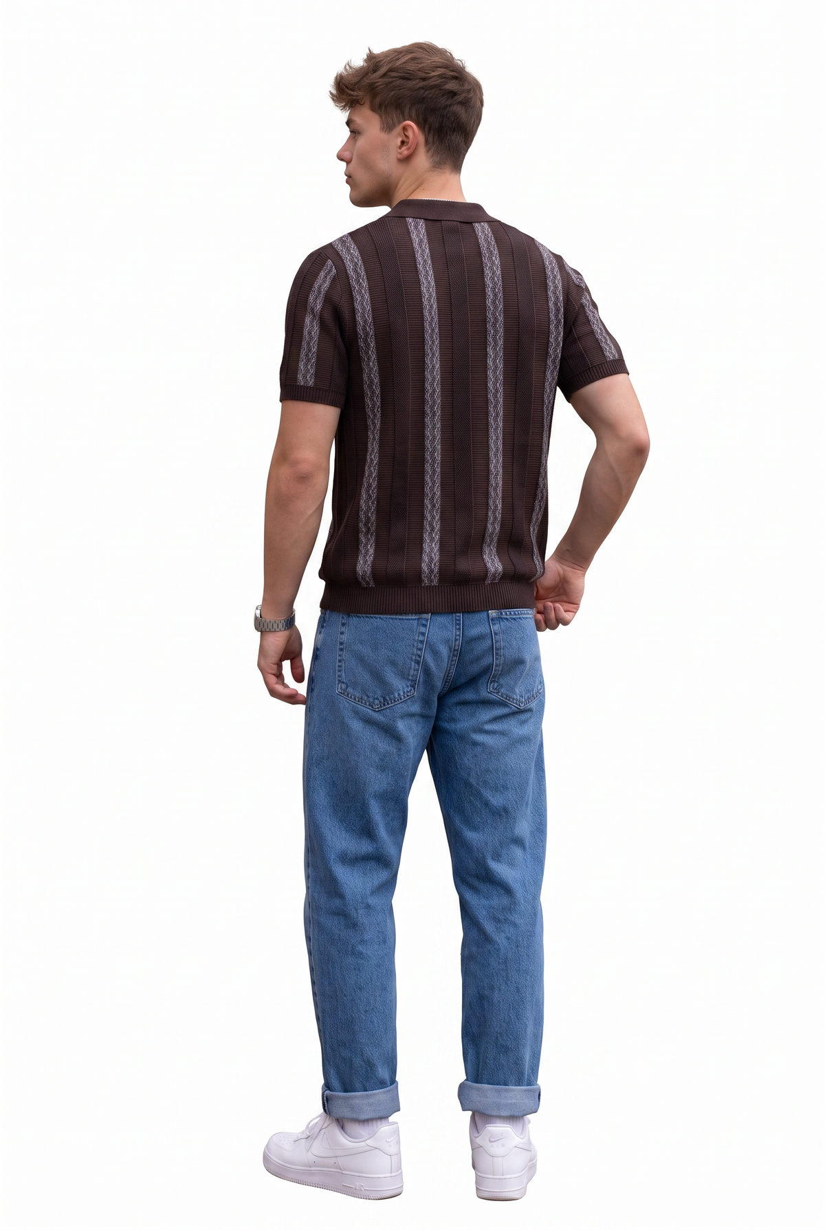 Striped Brown Knit Polo T-Shirt