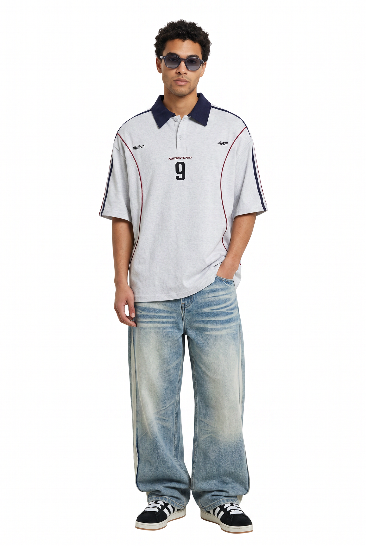 Oversized Gray Striped Polo T-Shirt