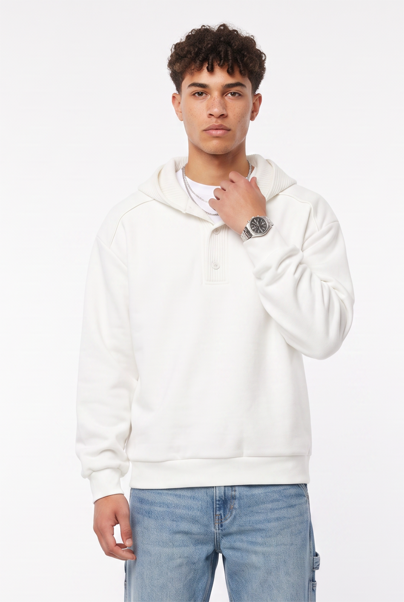 White Ribbed Crew Neck Sweatshirt