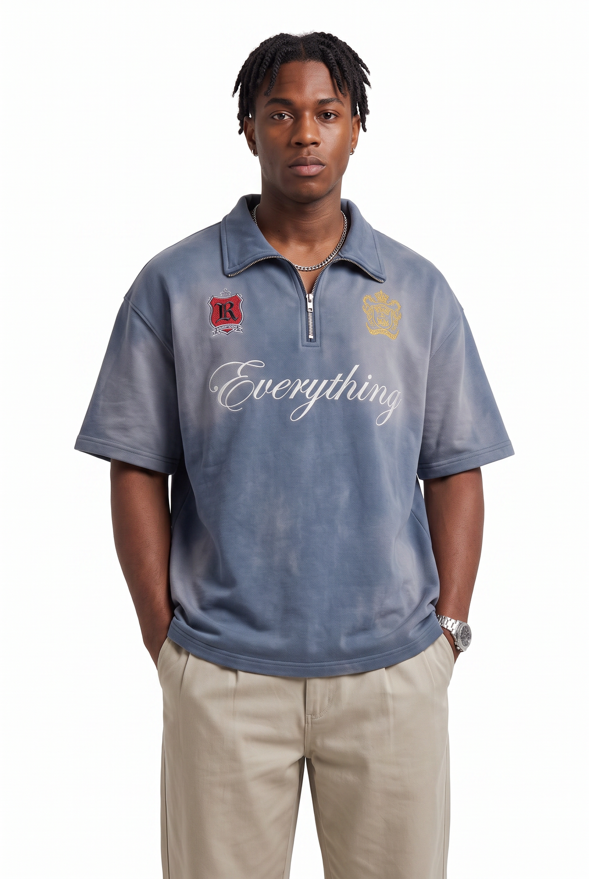 Washed Blue Quarter-Zip Polo T-Shirt