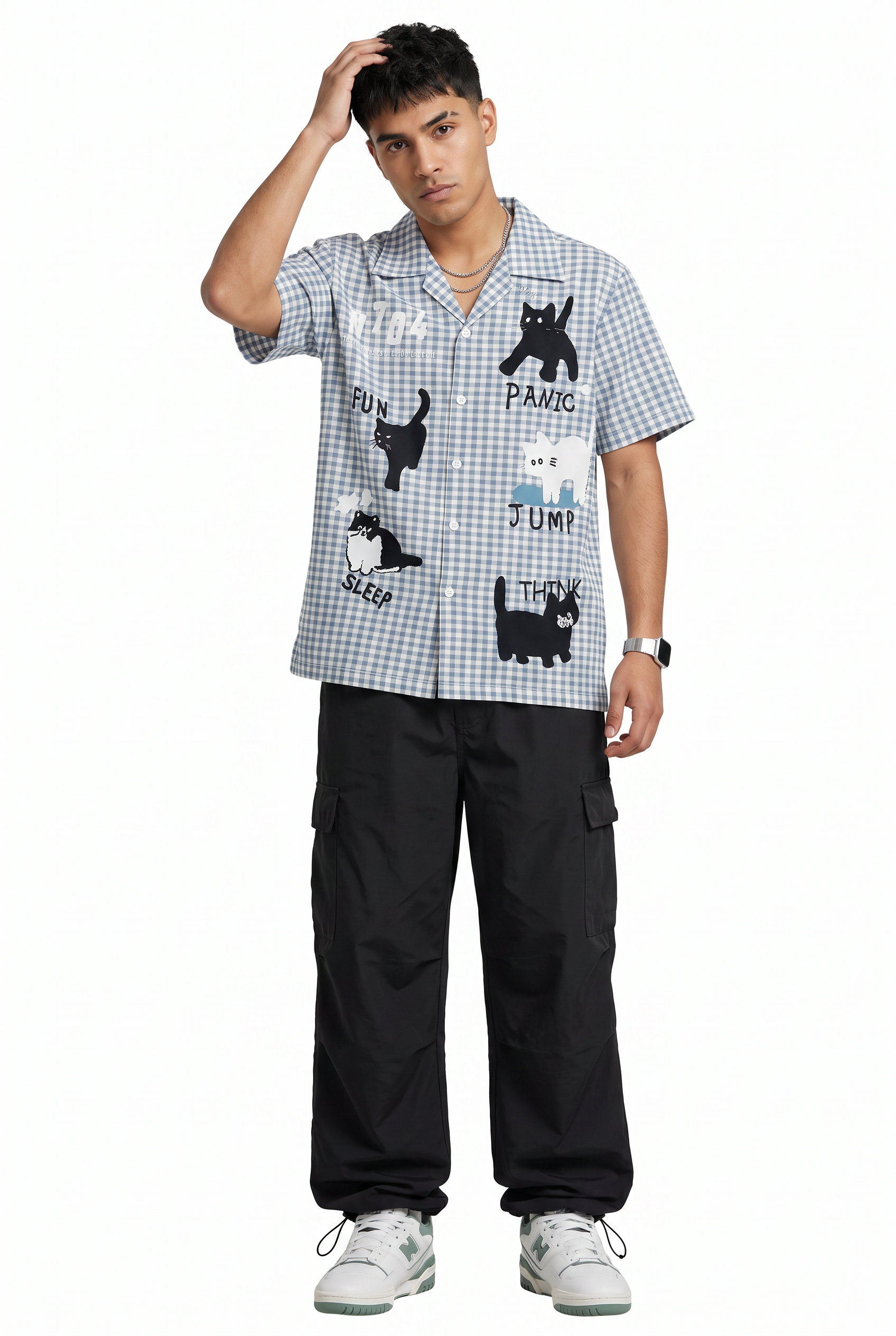 Blue Checked Graphic Cat Shirt