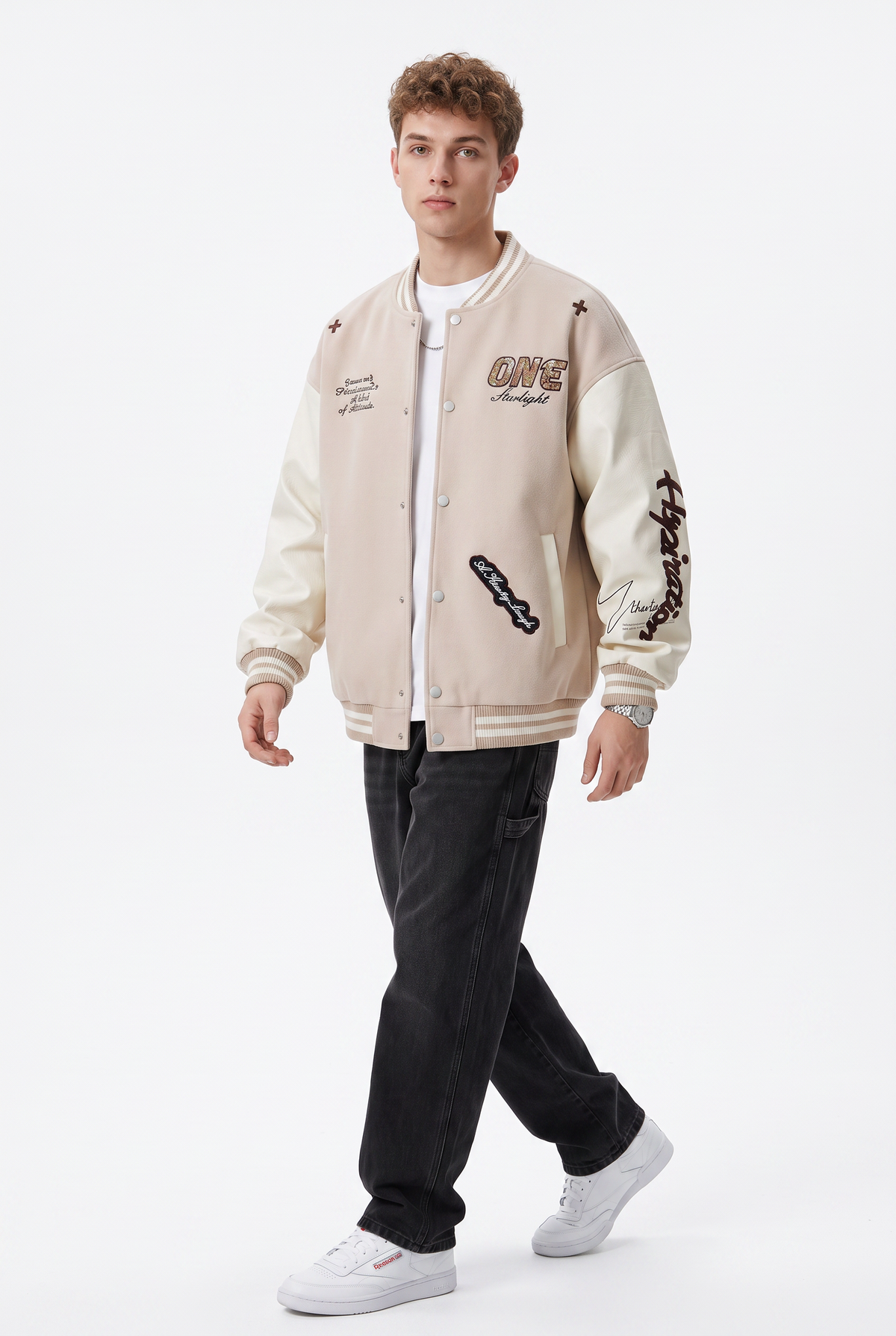 Embroidered Beige Varsity Jacket