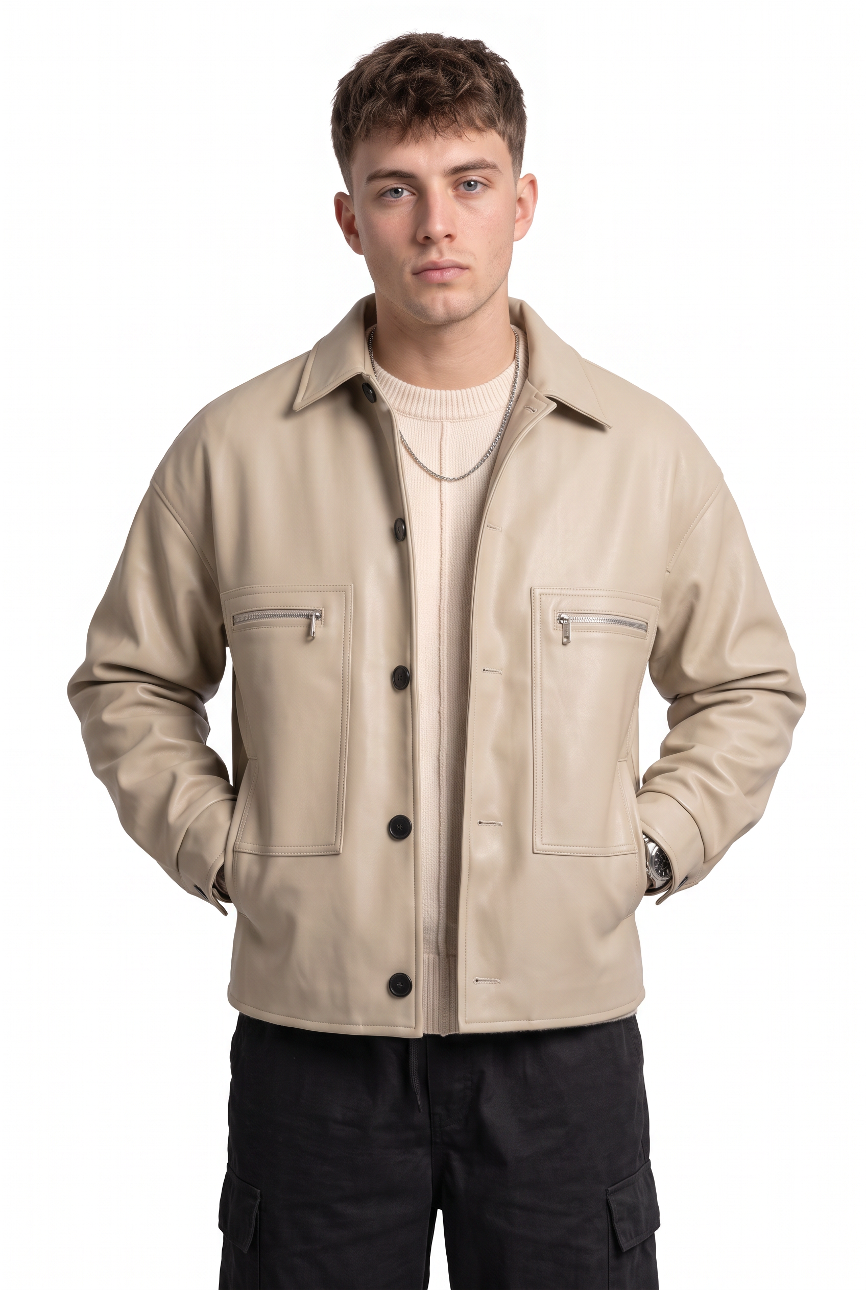 Beige Zip-Up Mandarin Collar Jacket