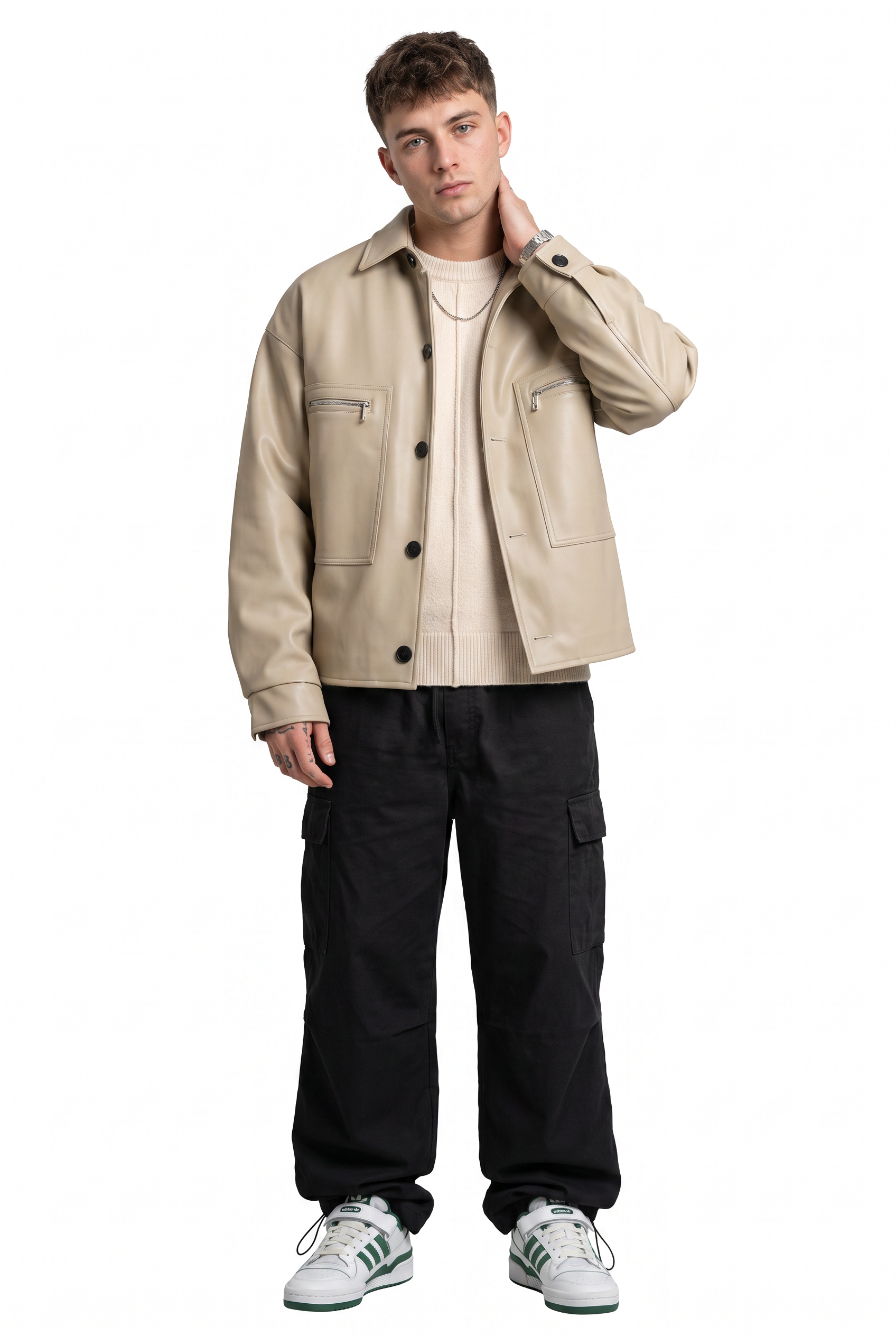 Beige Zip-Up Mandarin Collar Jacket