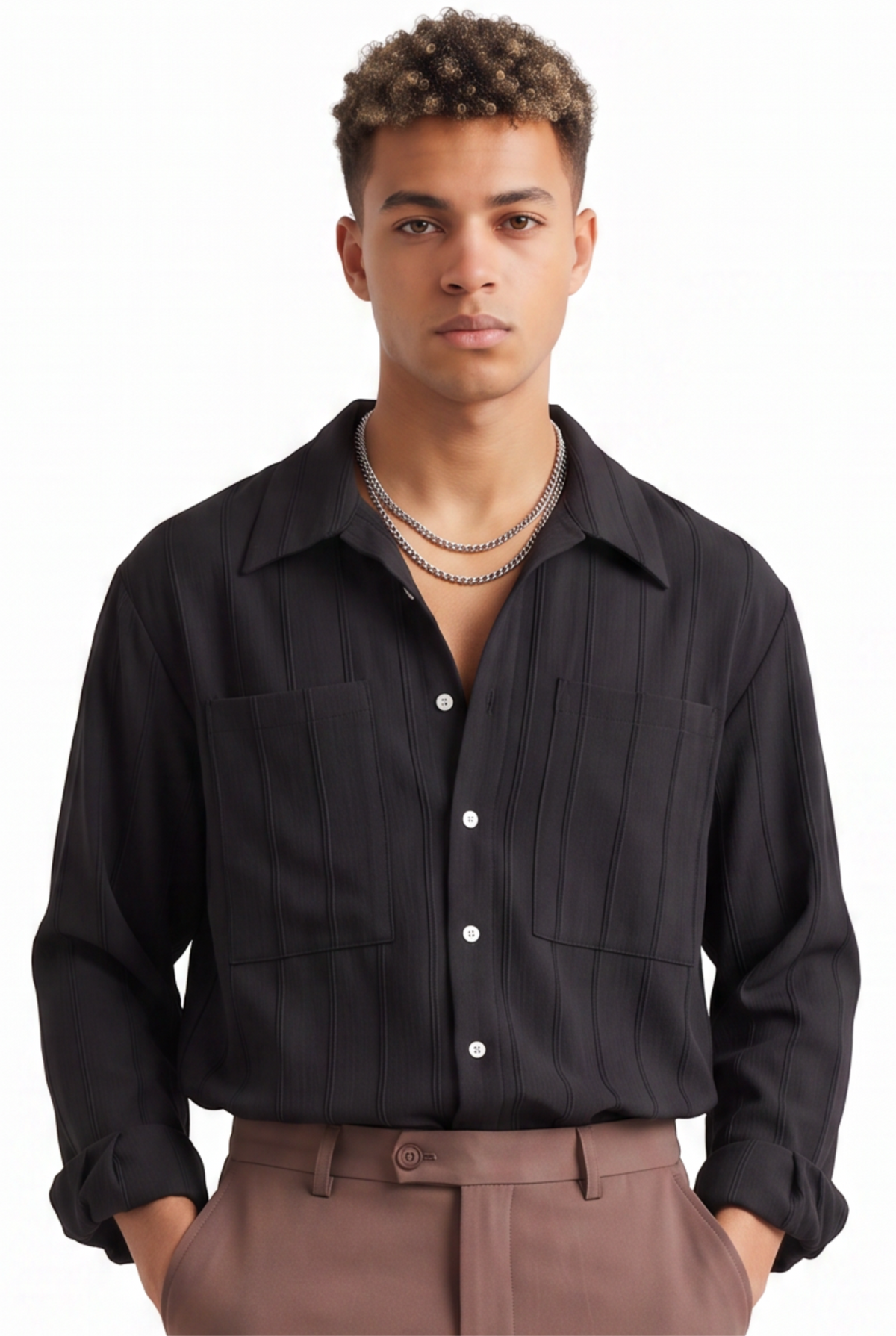 Pleated Black Camp Collar Shirt