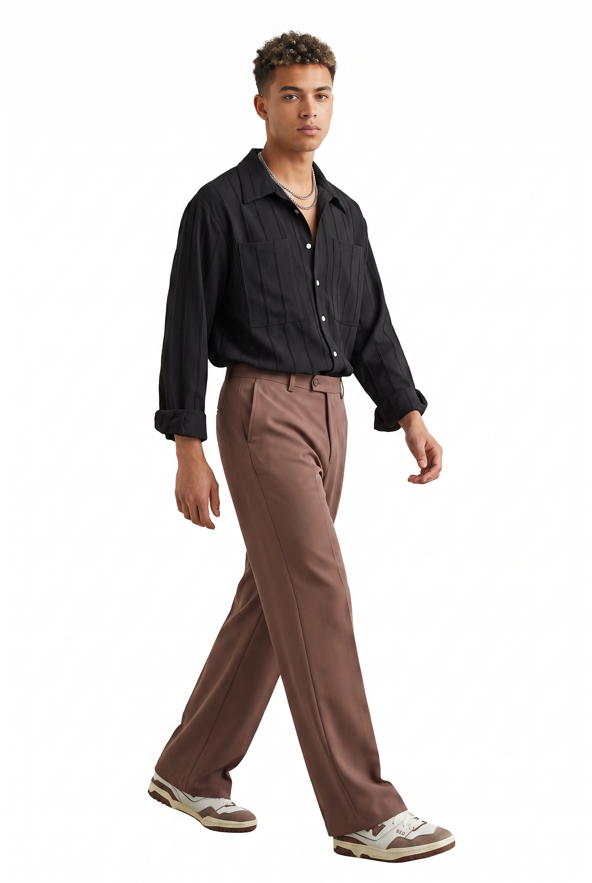 Pleated Black Camp Collar Shirt
