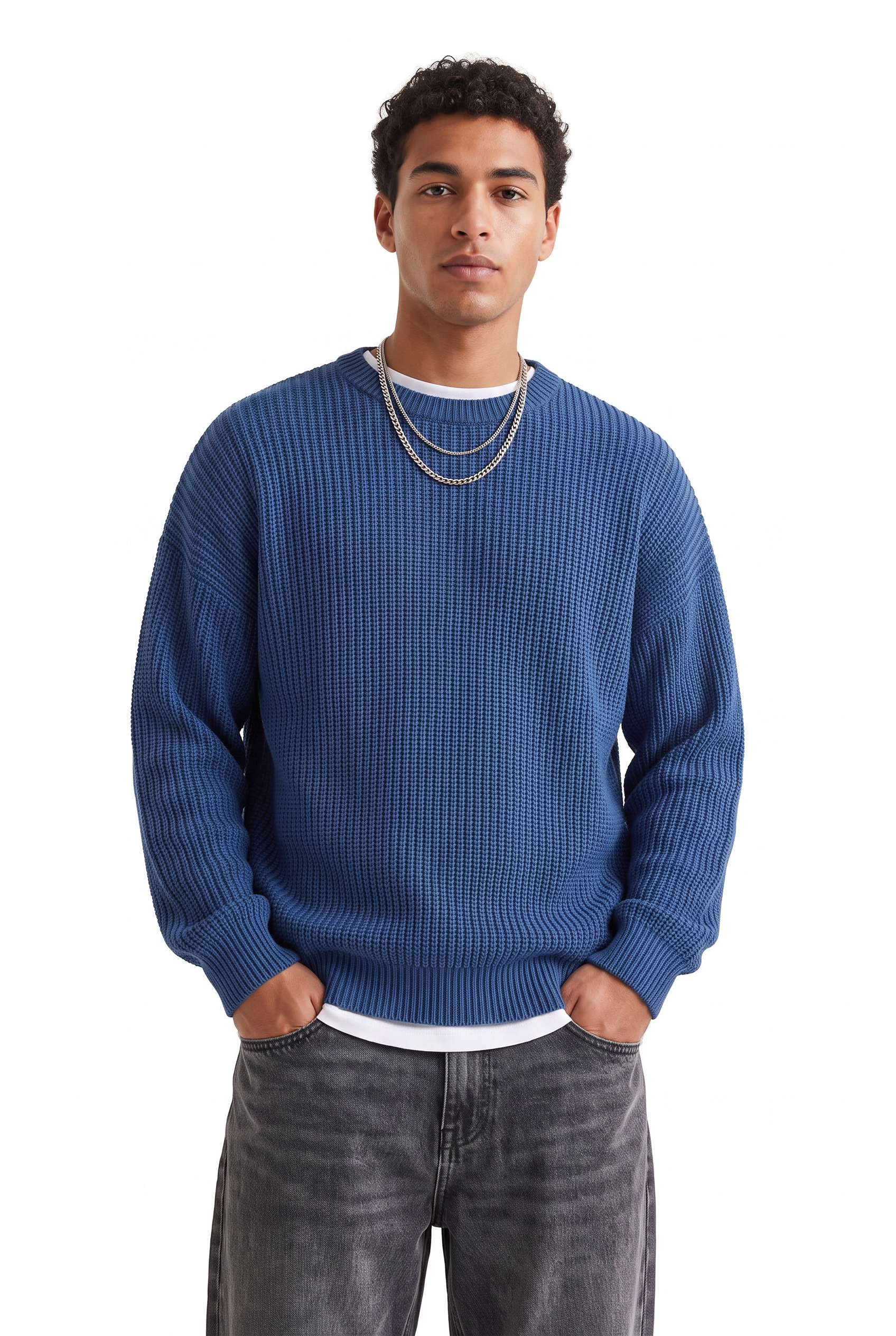 Steel Blue Ribbed Crew Neck Sweater