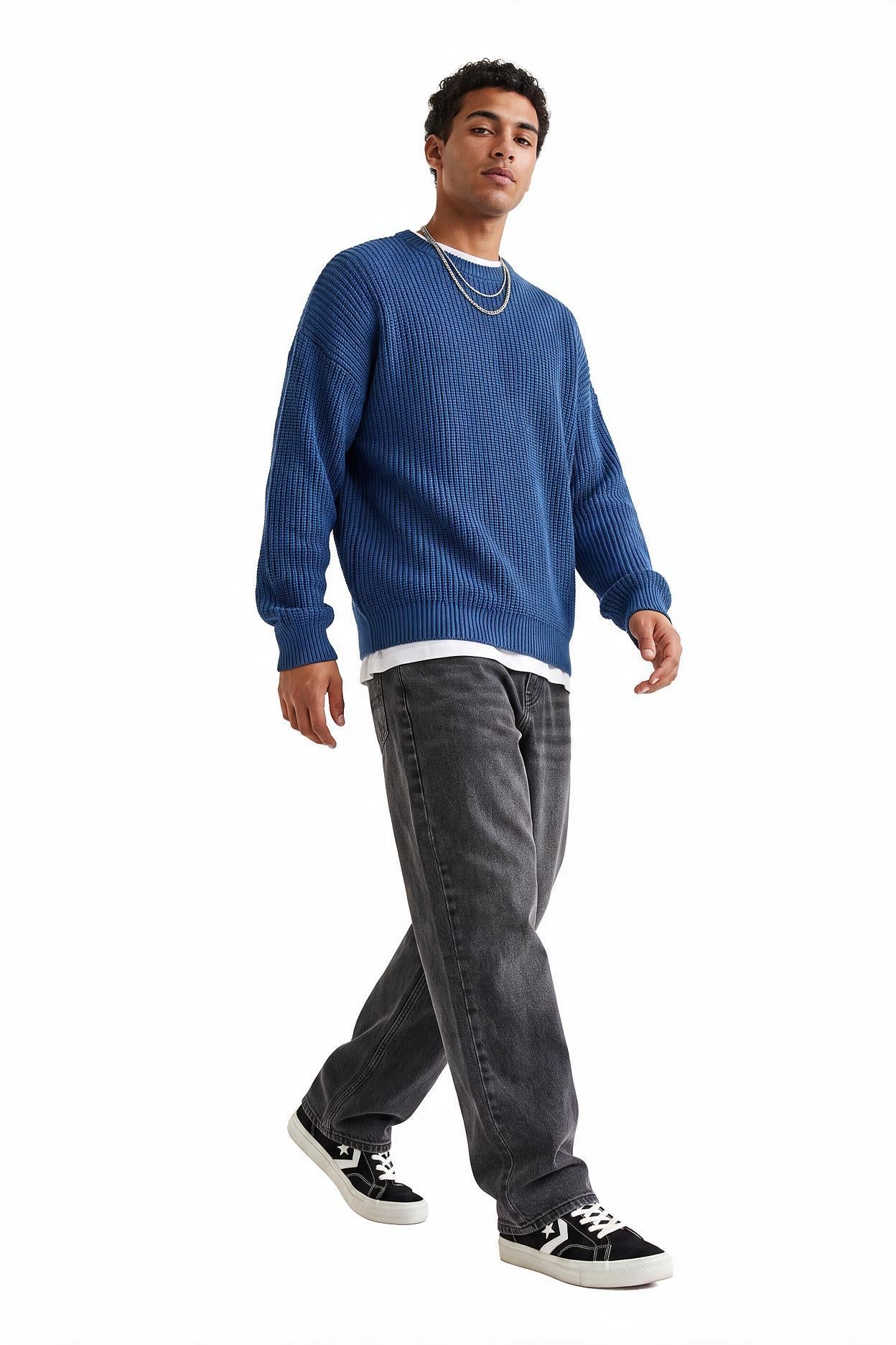 Steel Blue Ribbed Crew Neck Sweater