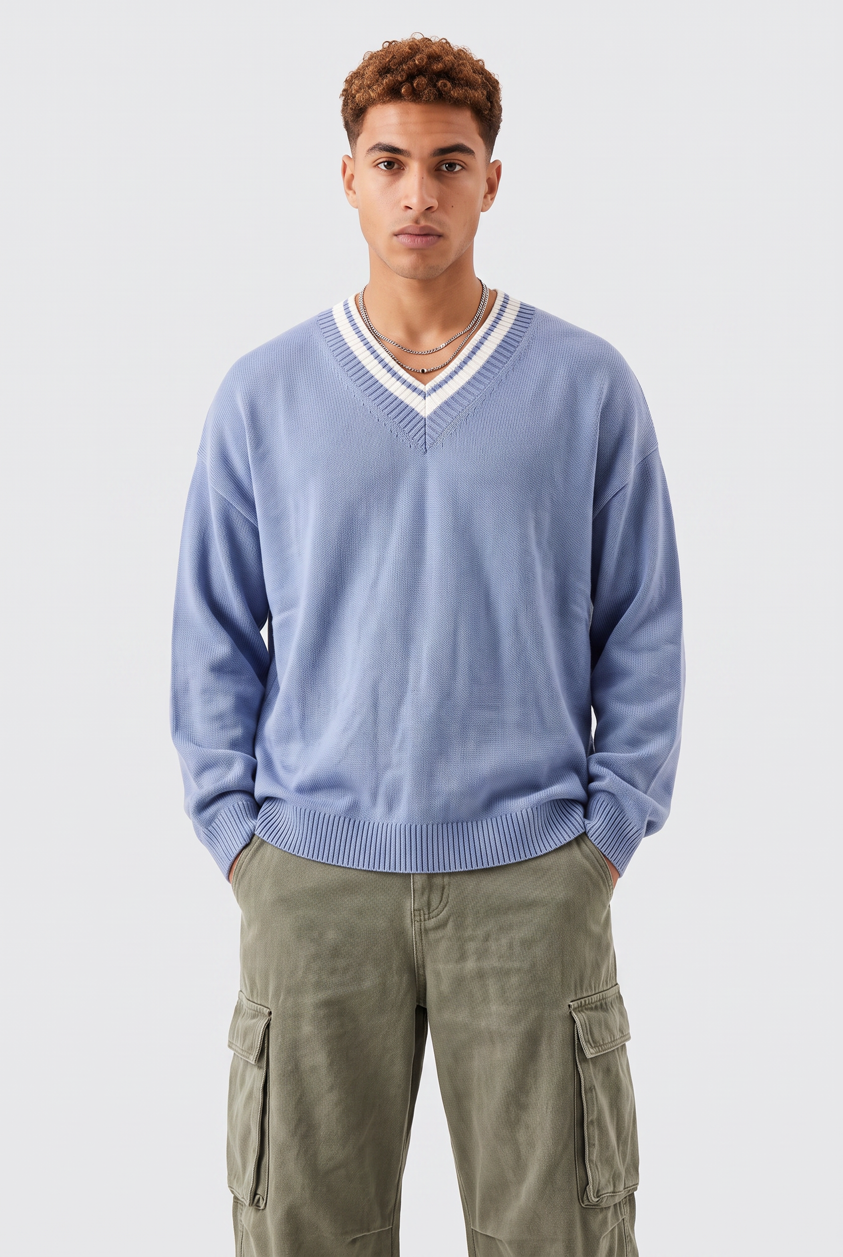 Steel Blue Ribbed Crew Neck Sweater