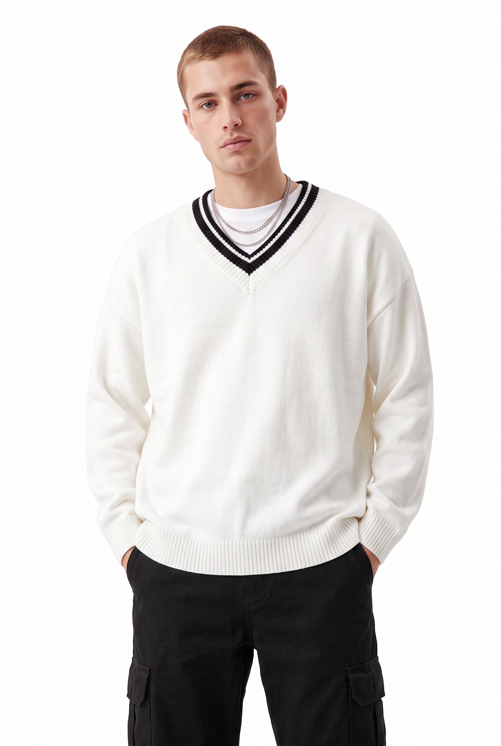 Cream Ribbed Crew Neck Sweater