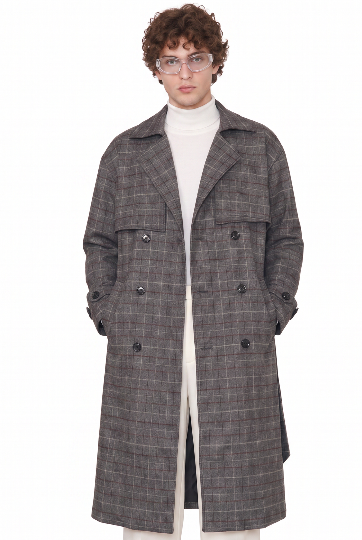 Plaid Grey Double-Breasted Trench Coat