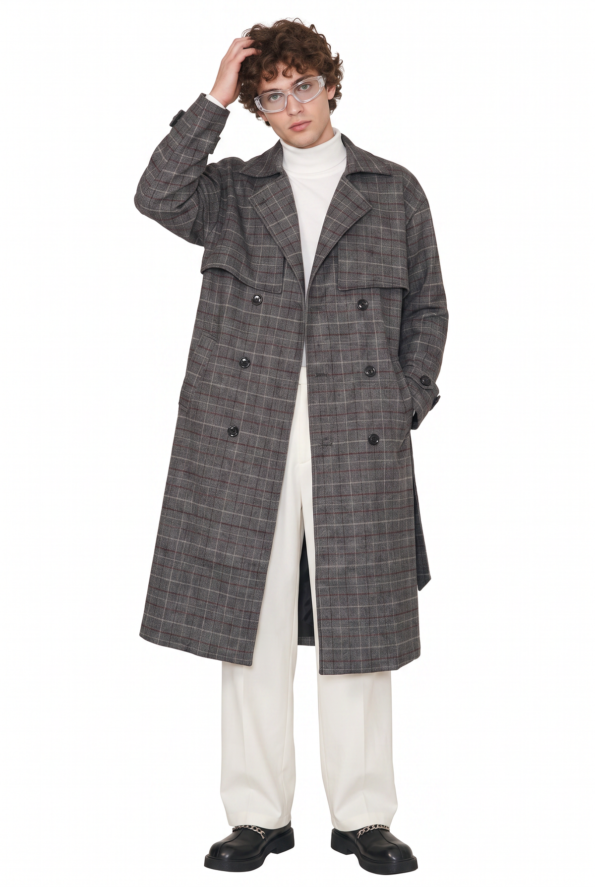 Plaid Grey Double-Breasted Trench Coat