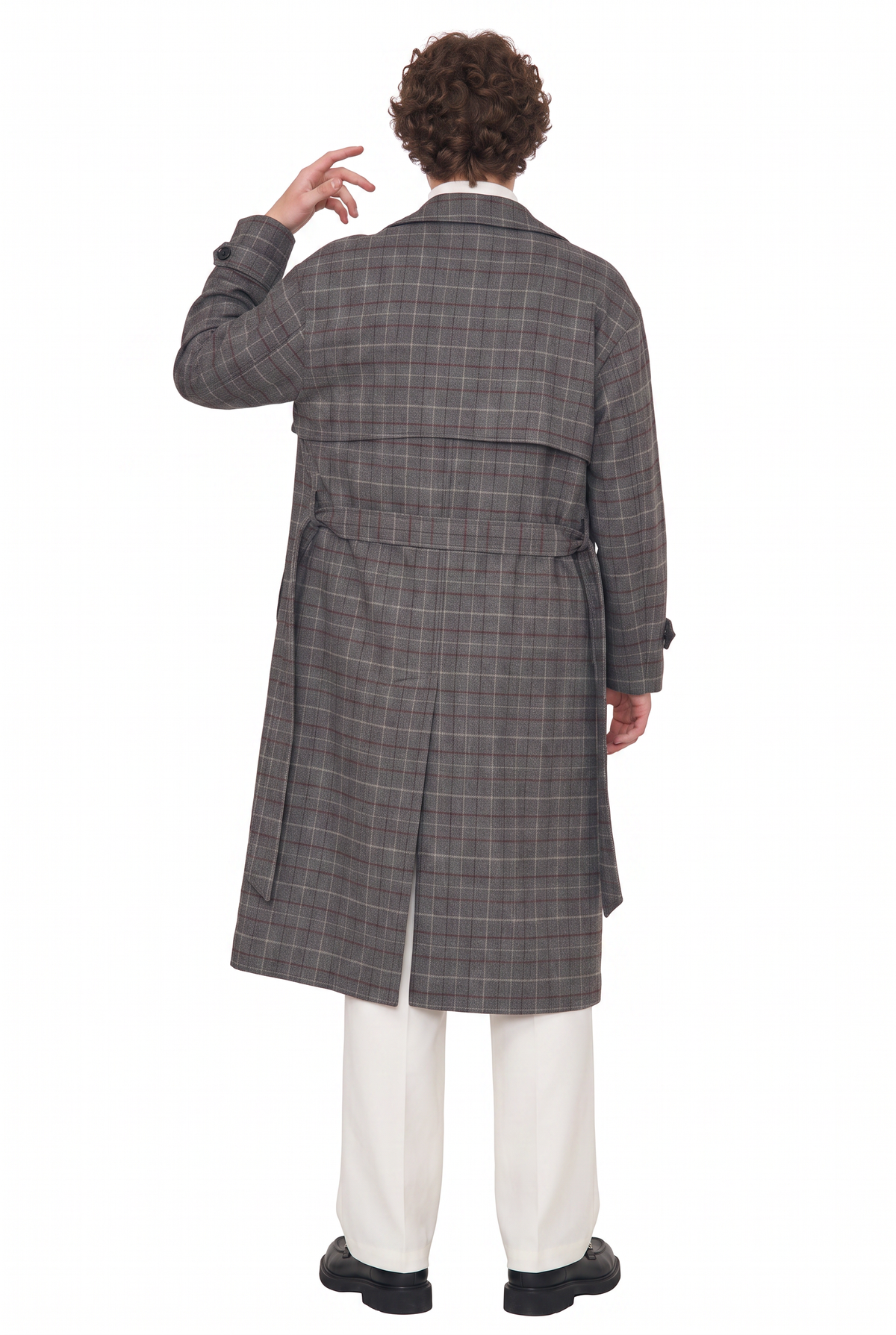 Plaid Grey Double-Breasted Trench Coat