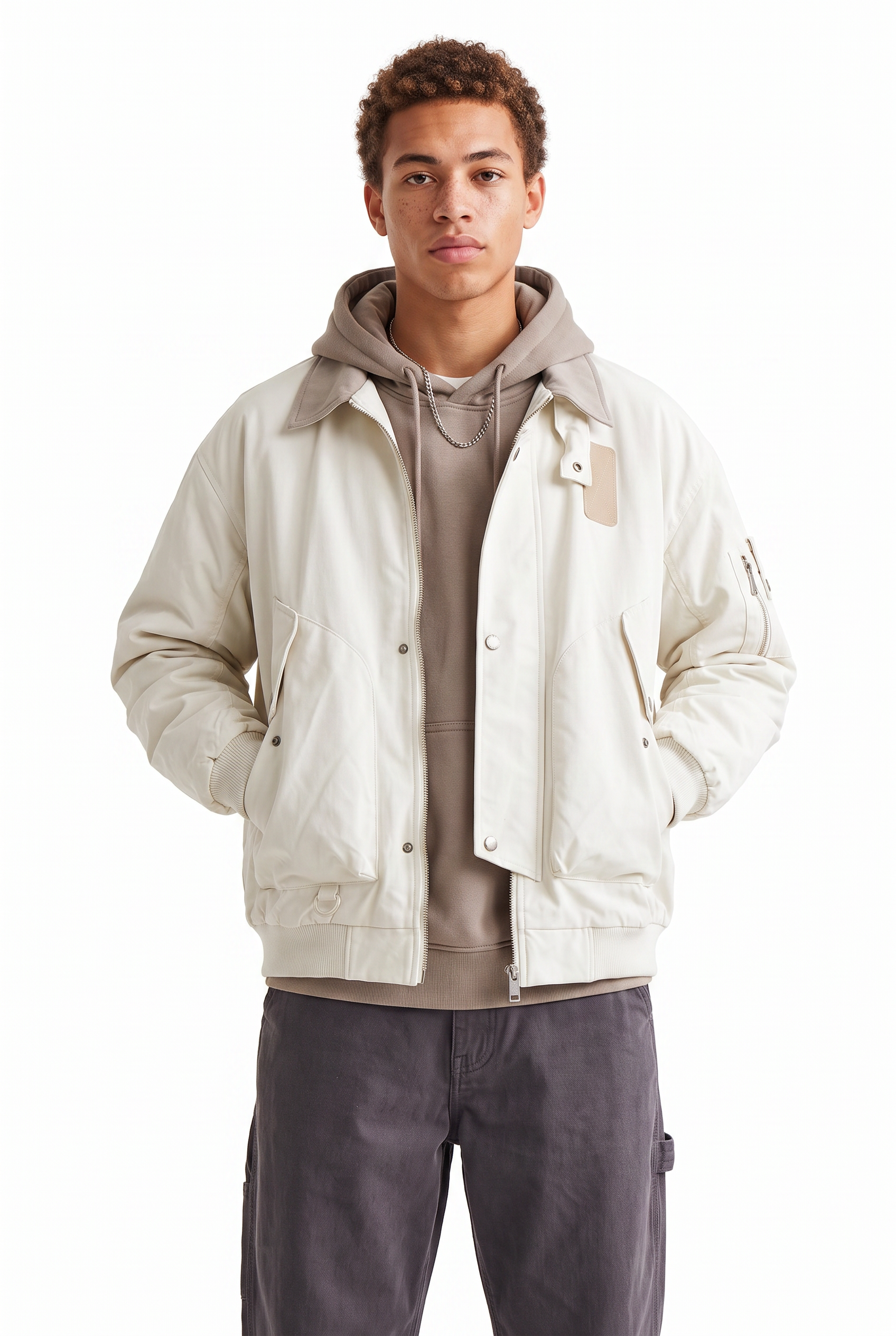 White Mandarin Collar Zip Jacket