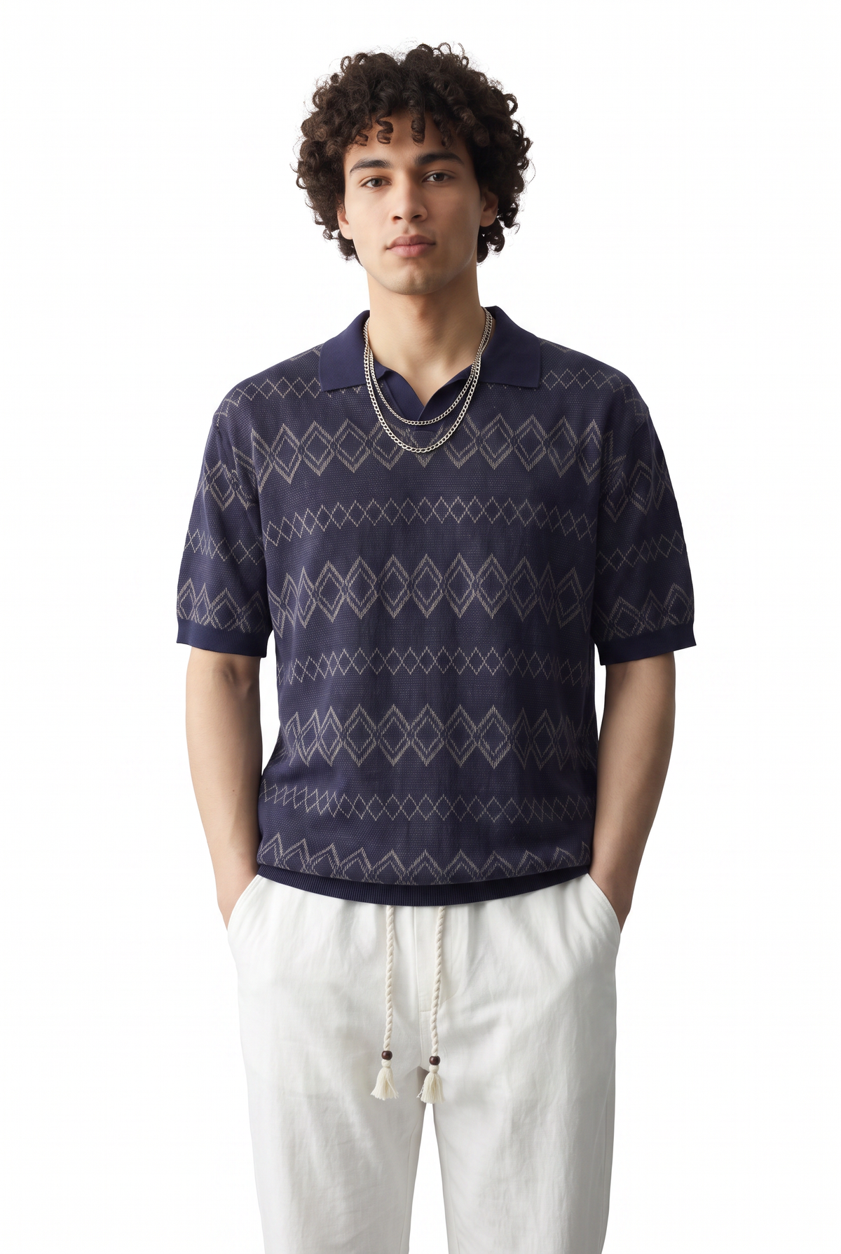 Jacquard Navy Knit Polo T-Shirt